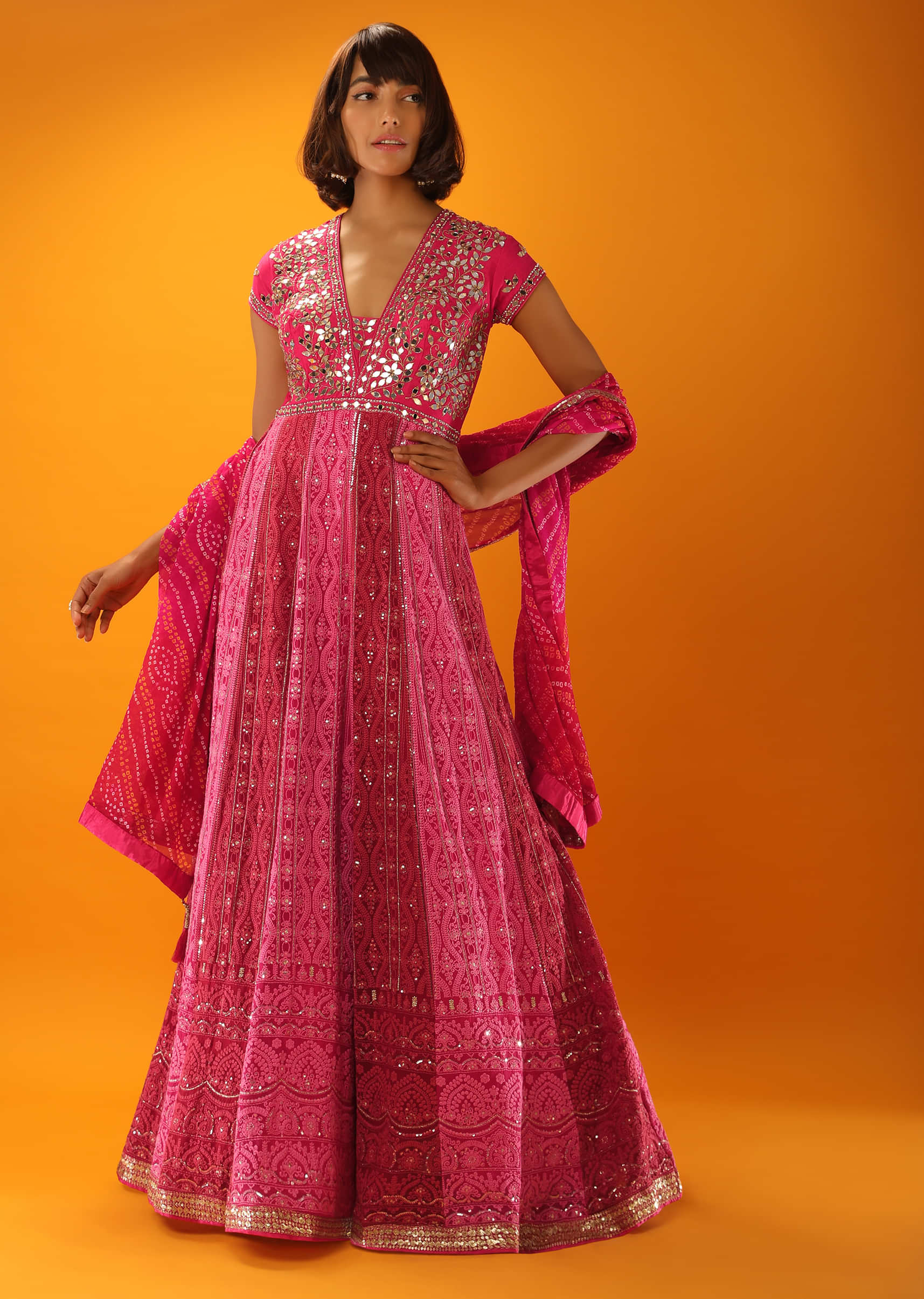 Red And Magenta Anarkali Suit With Lucknowi Thread Embroidered And Mirror Accents  