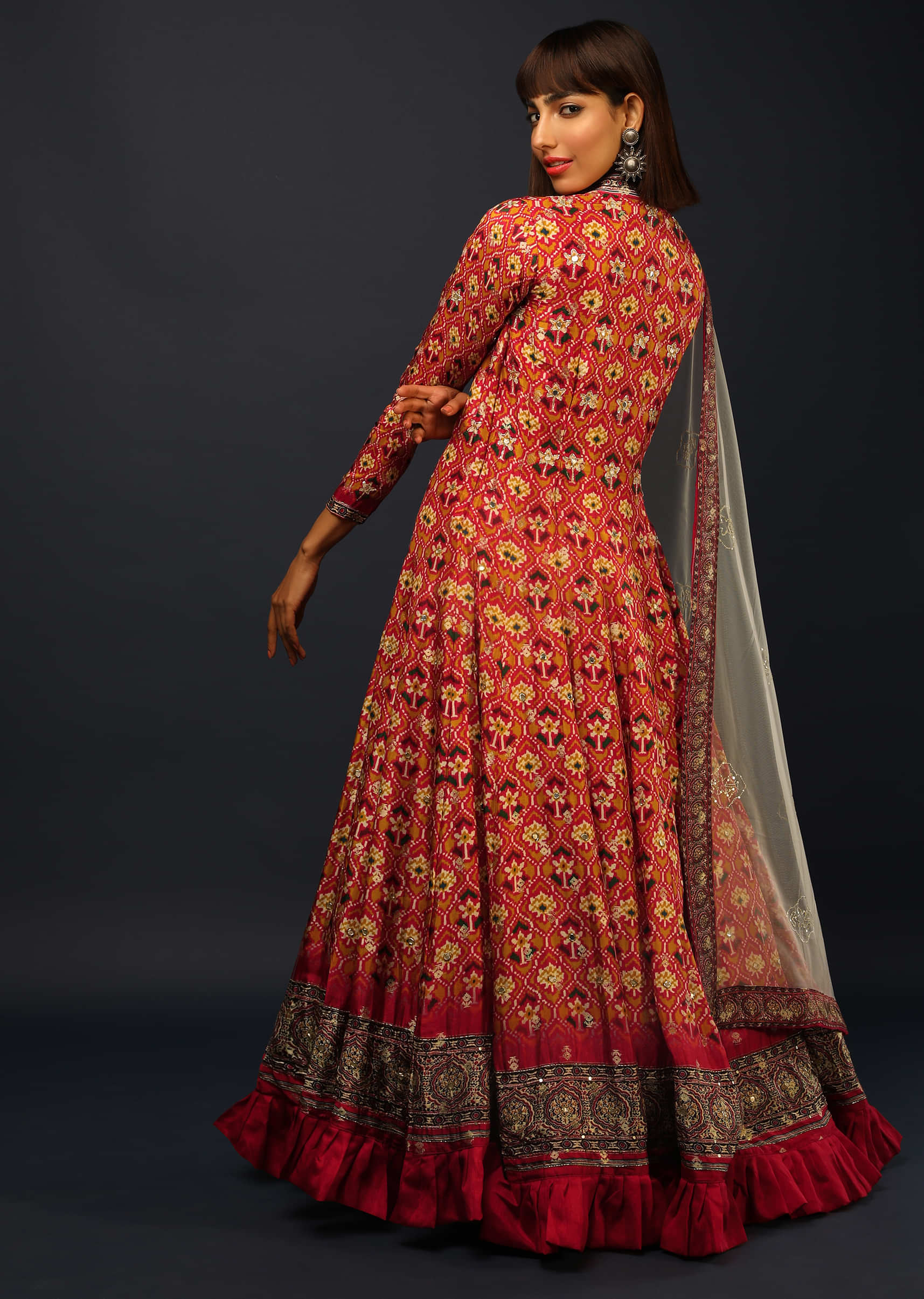Red And Mustard Anarkali Suit In Brocade Silk With Patola Print All Over  