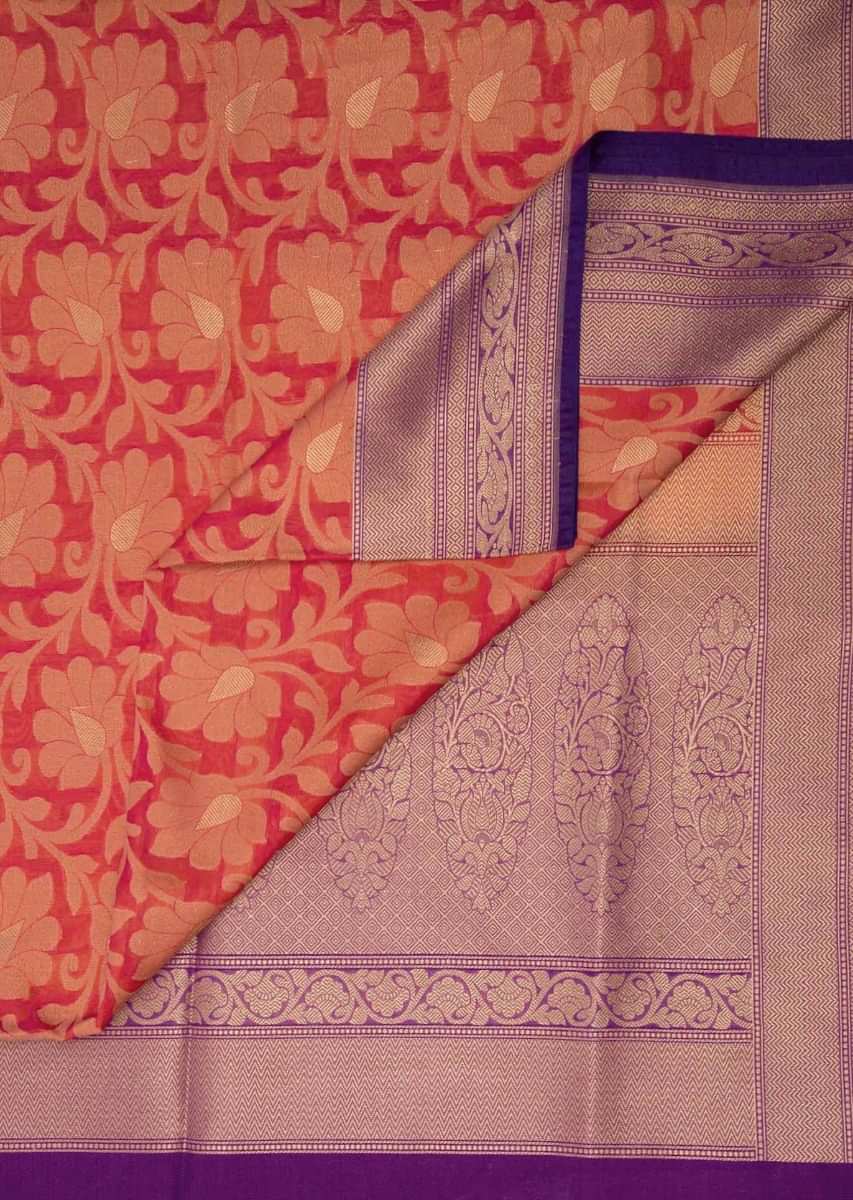 Red And Orange Saree In Banarasi Silk With Floral Jaal Motif Online - Kalki Fashion