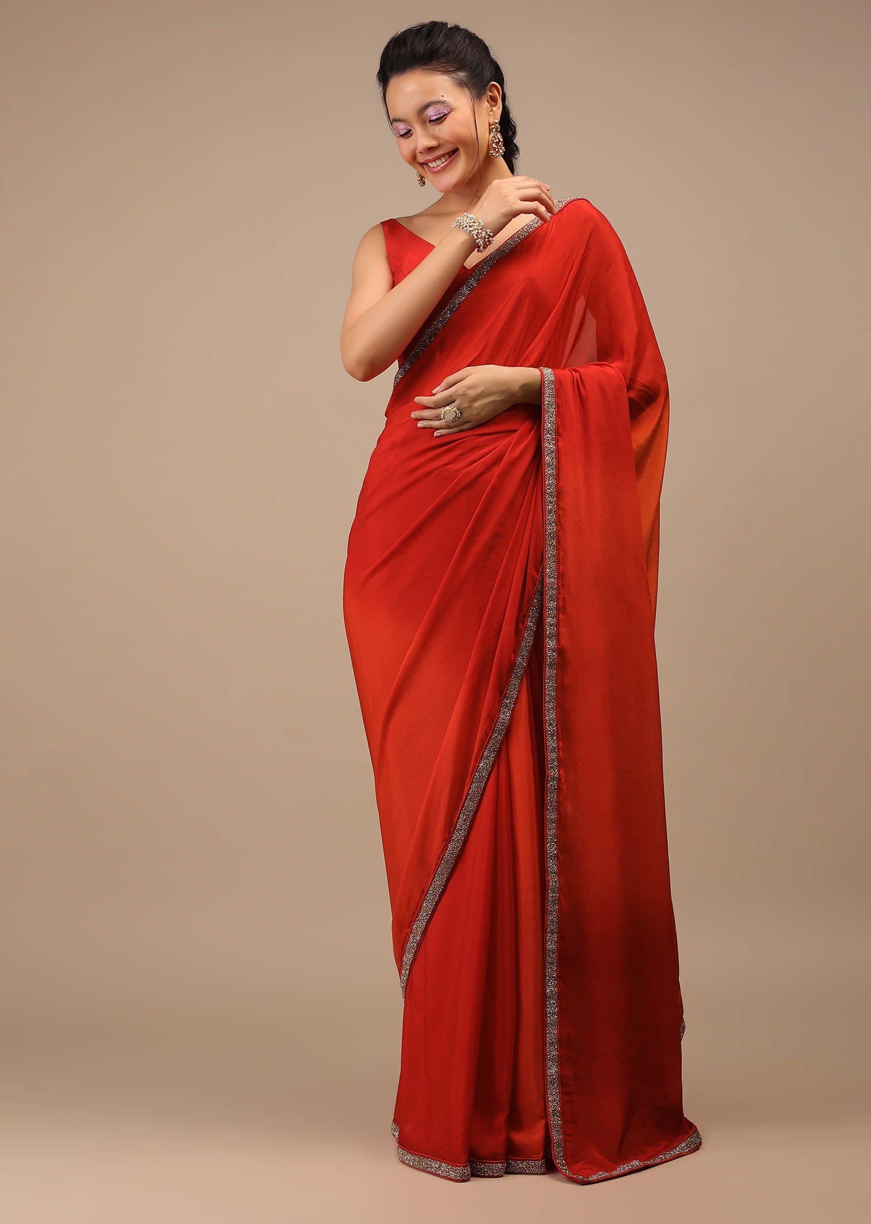 Red And Orange Chiffon Saree With Cut Dana Embroidery Buttis