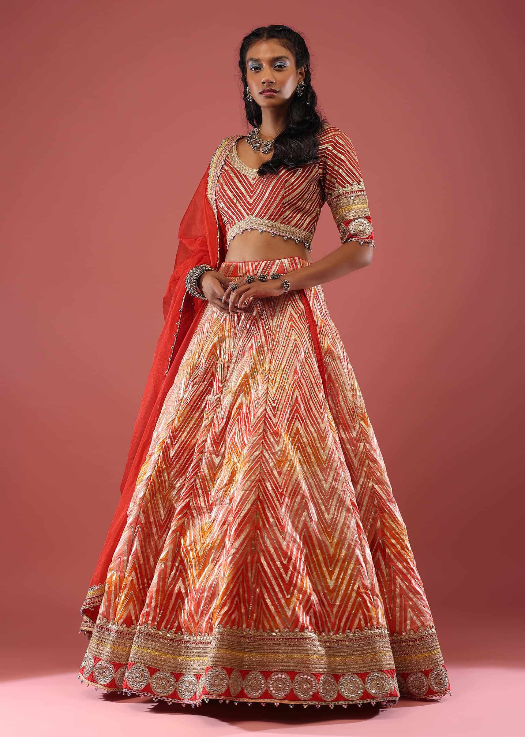 Red And Orange Lehenga And Blouse With Gota Lace In Chevron Pattern
