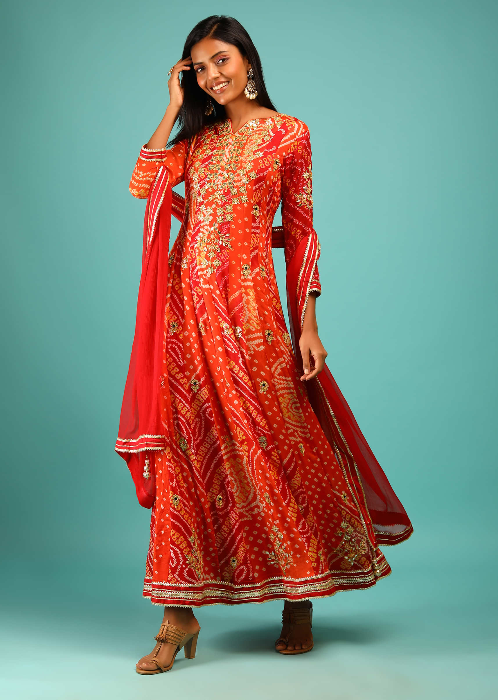 Red And Orange Panelled Anarkali Suit In Chiffon With Bandhani And Gotta Patti Embroidery