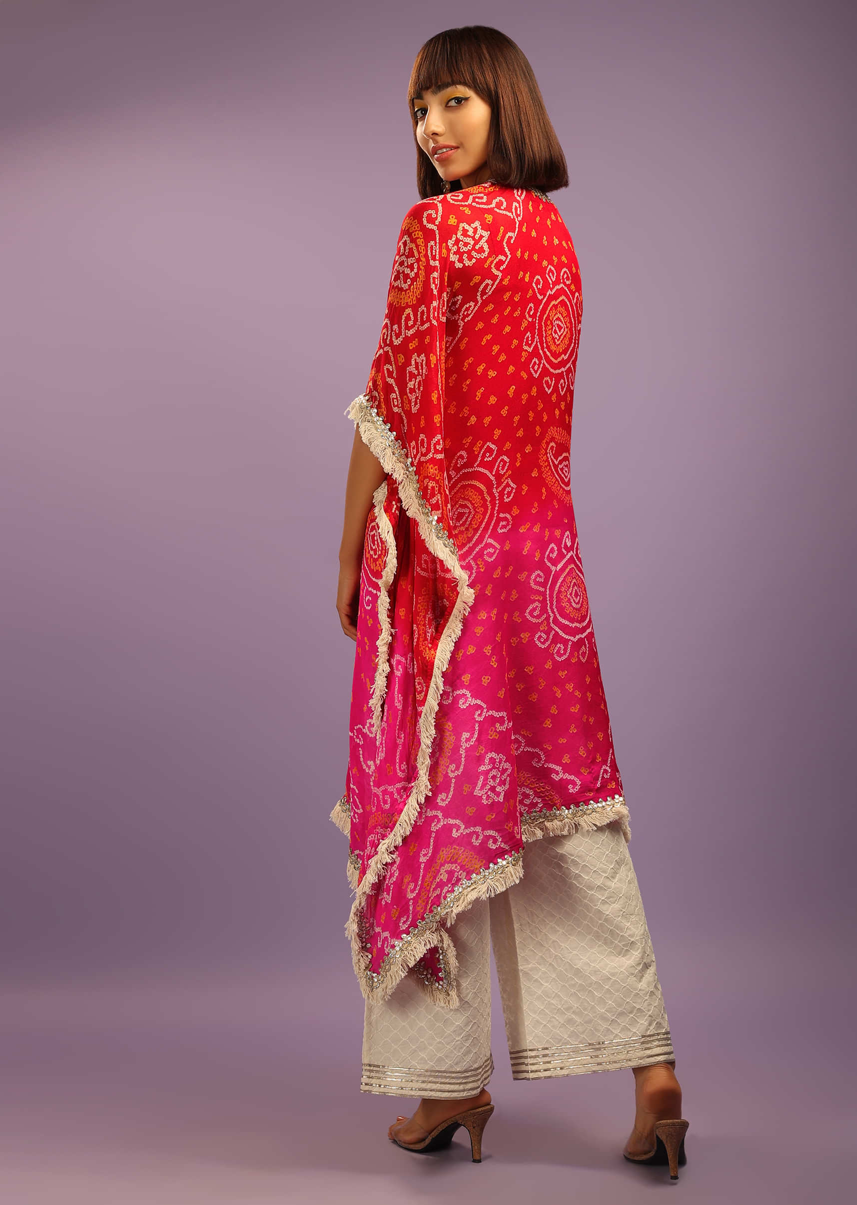 Red And Pink Shaded Kaftan Suit In Georgette With Real Bandhani And Gotta Patti Work  