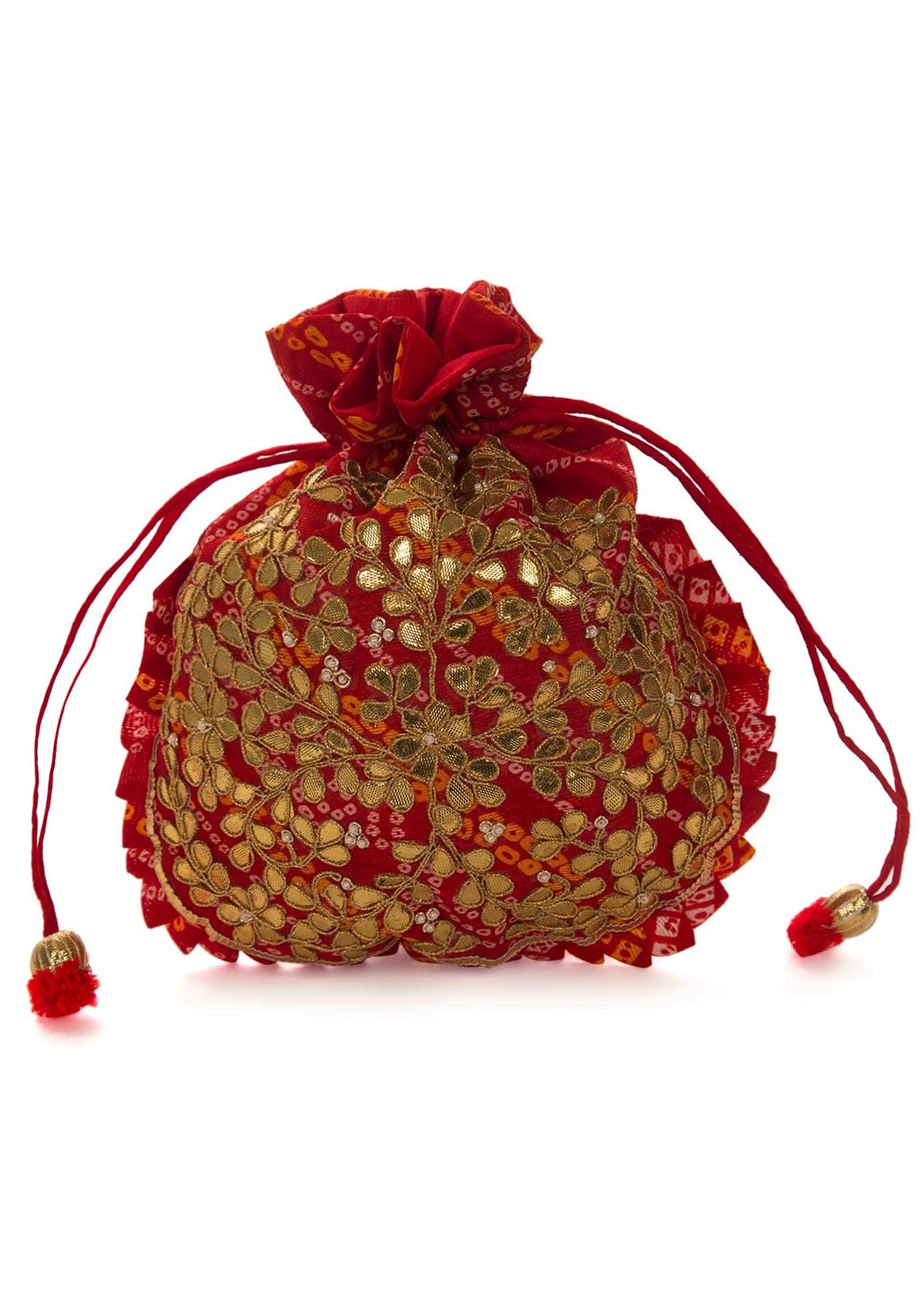 Red bandhani potli bag beautified in gotta patti embroidered work only on Kalki