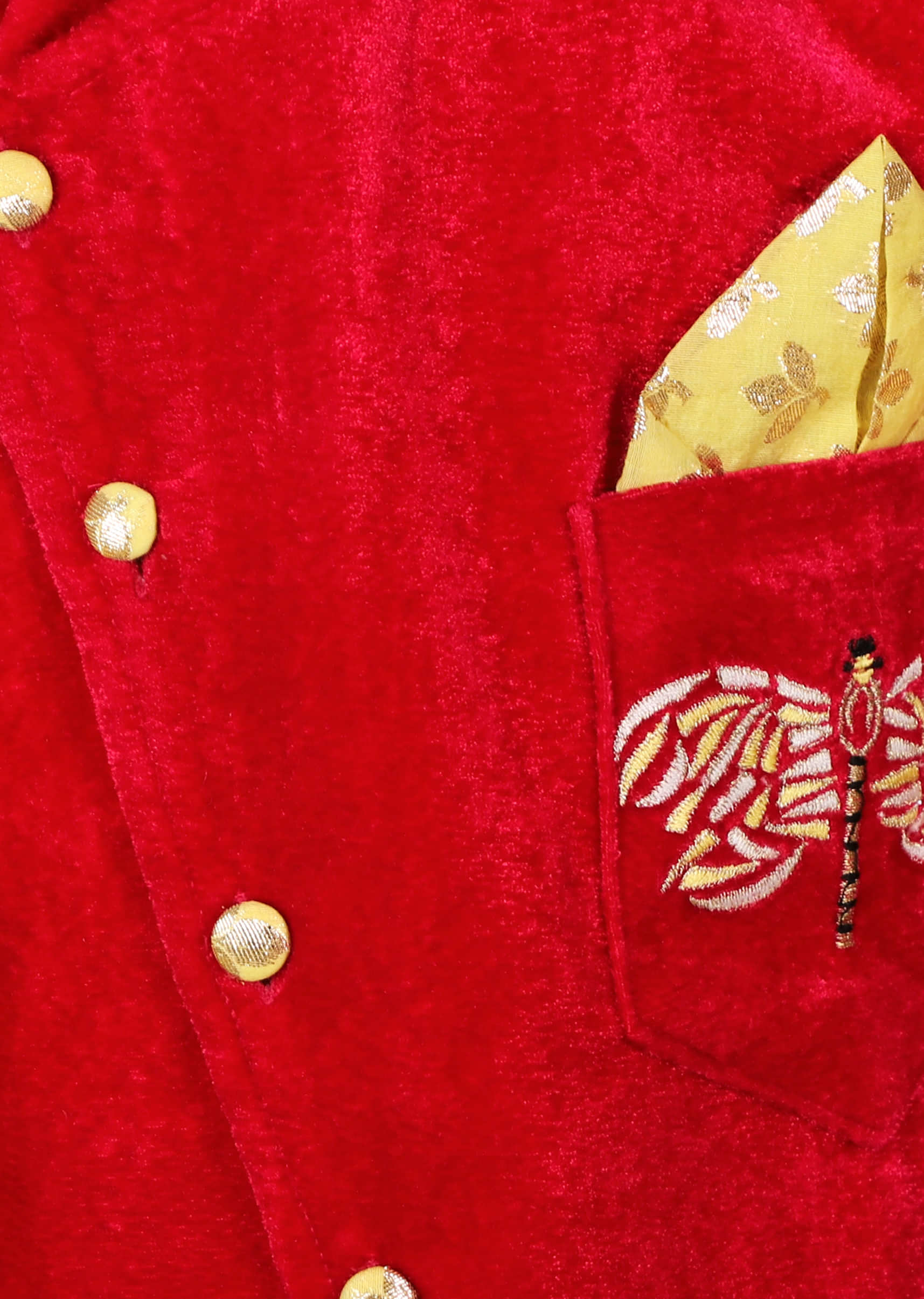 Kalki Boys Red Bandhgala Set In Velvet With Embroidered Dragonfly Design On The Pocket