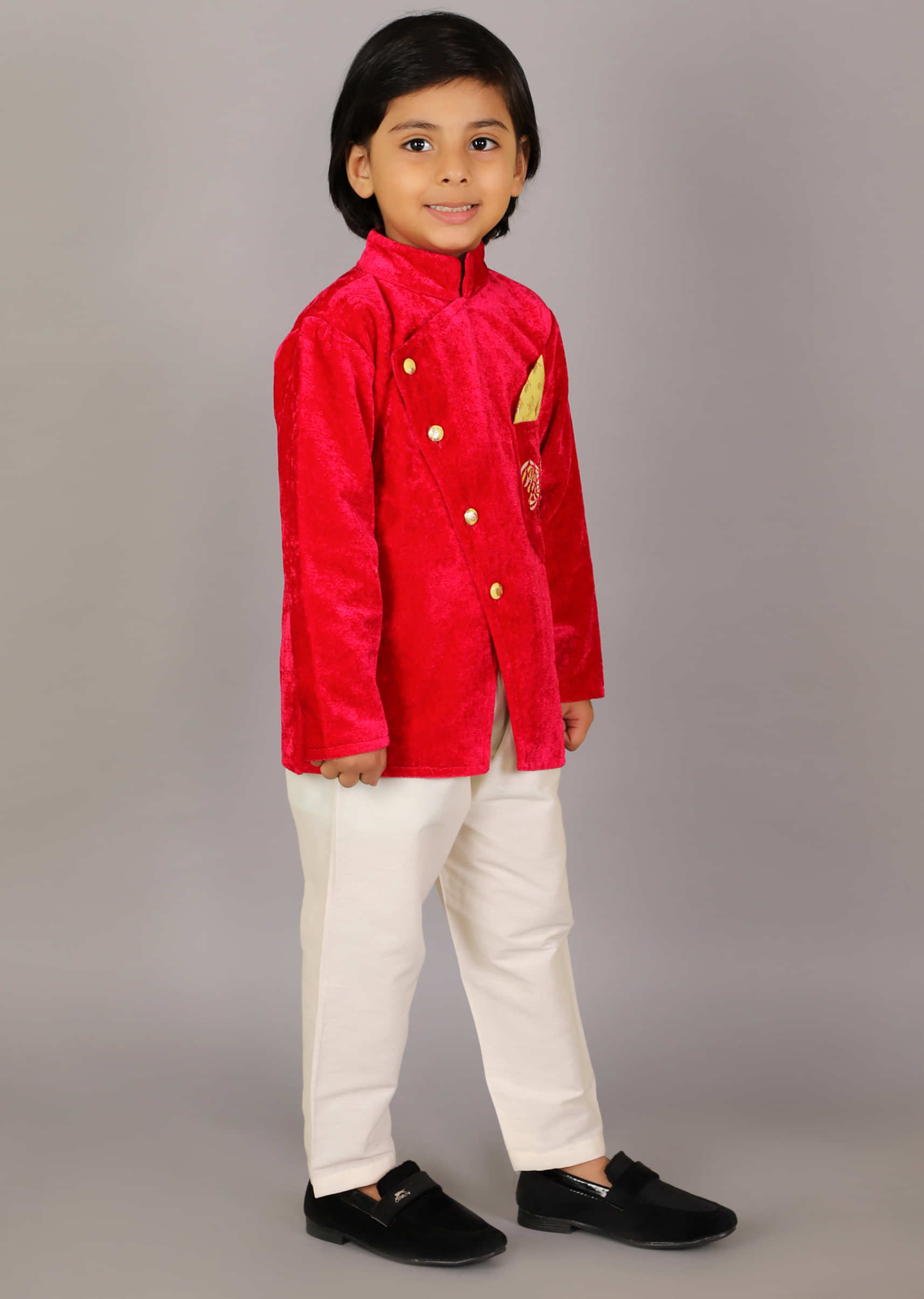 Kalki Boys Red Bandhgala Set In Velvet With Embroidered Dragonfly Design On The Pocket