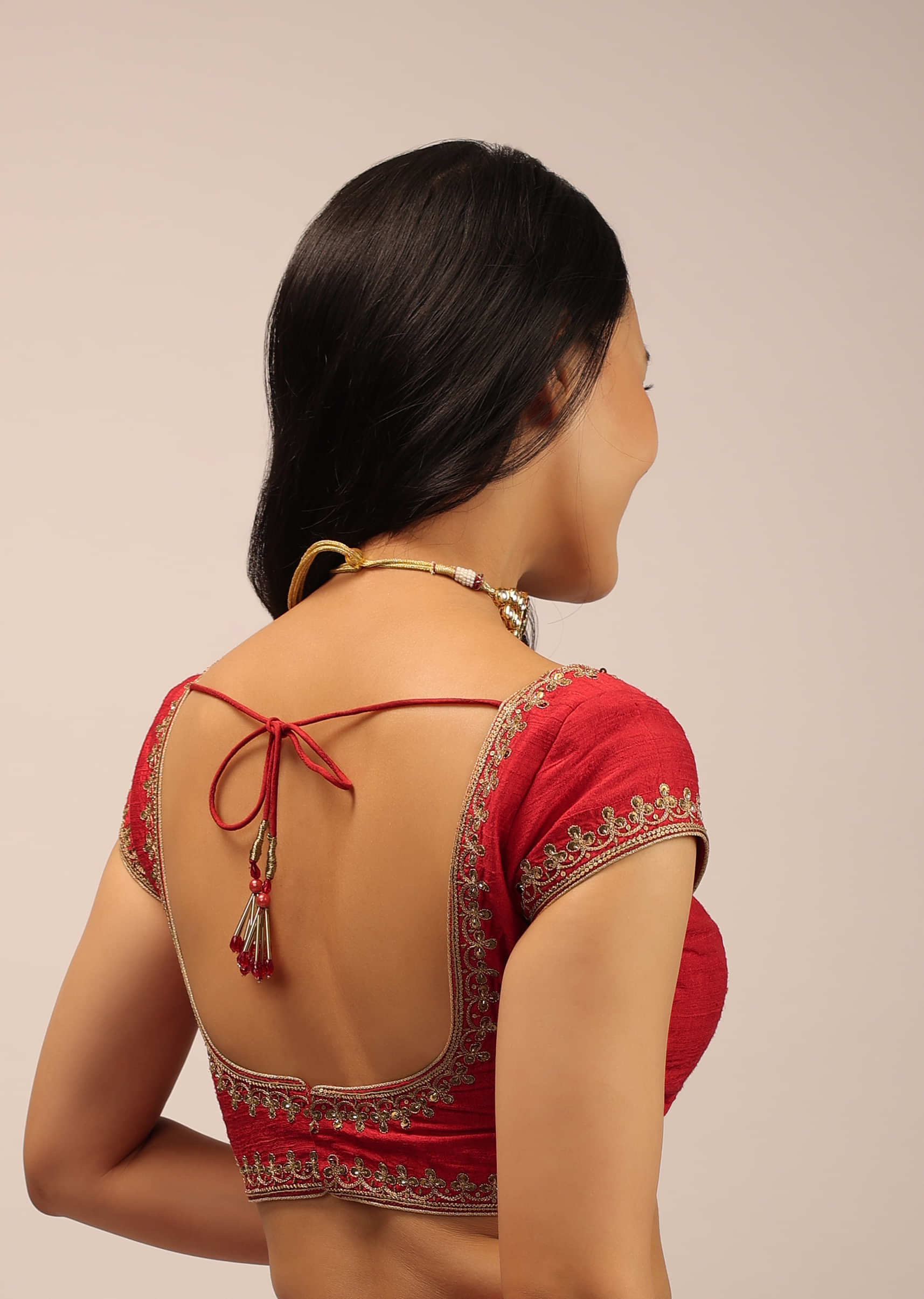 Red Blouse In Raw Silk With Cap Sleeves, Round Neckline And Zardosi Detailed Neckline