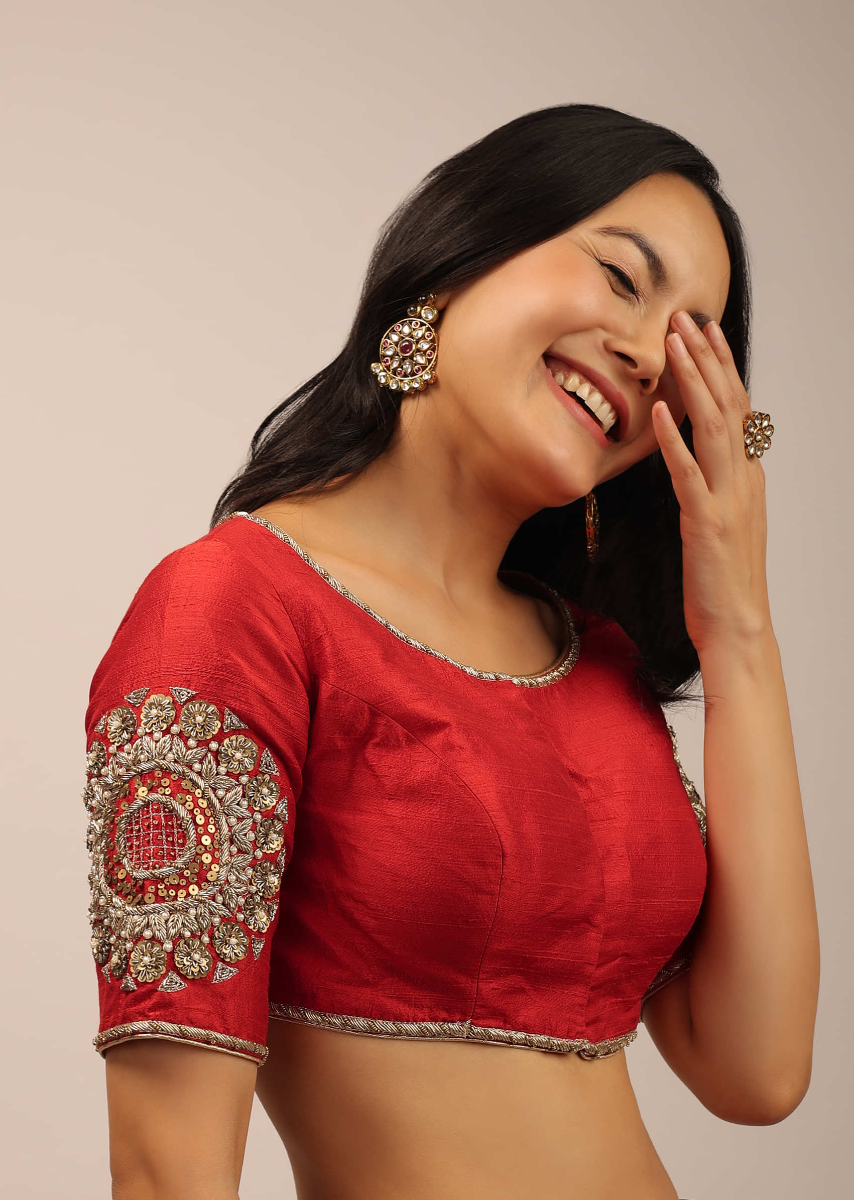 Red Blouse In Raw Silk With Half Sleeves And Zardosi Embroidered Motif On The Sleeves And Back