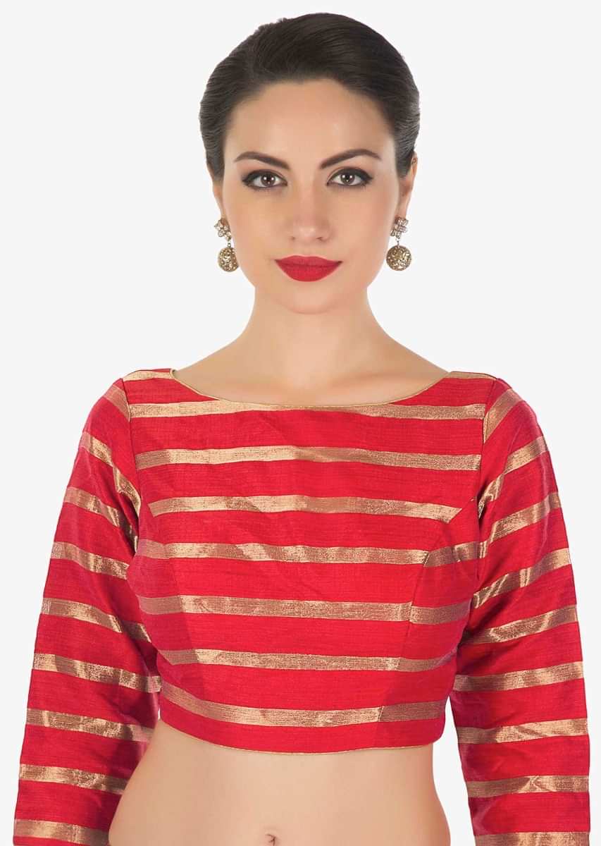 Red Blouse In Silk With Copper Color Weave In Stripes Motif Online - Kalki Fashion