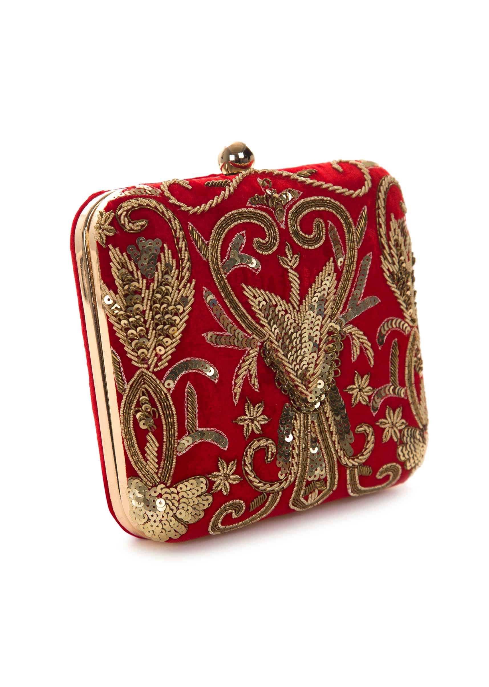 Red clutch embroidered in cutdana and sequin work only on Kalki