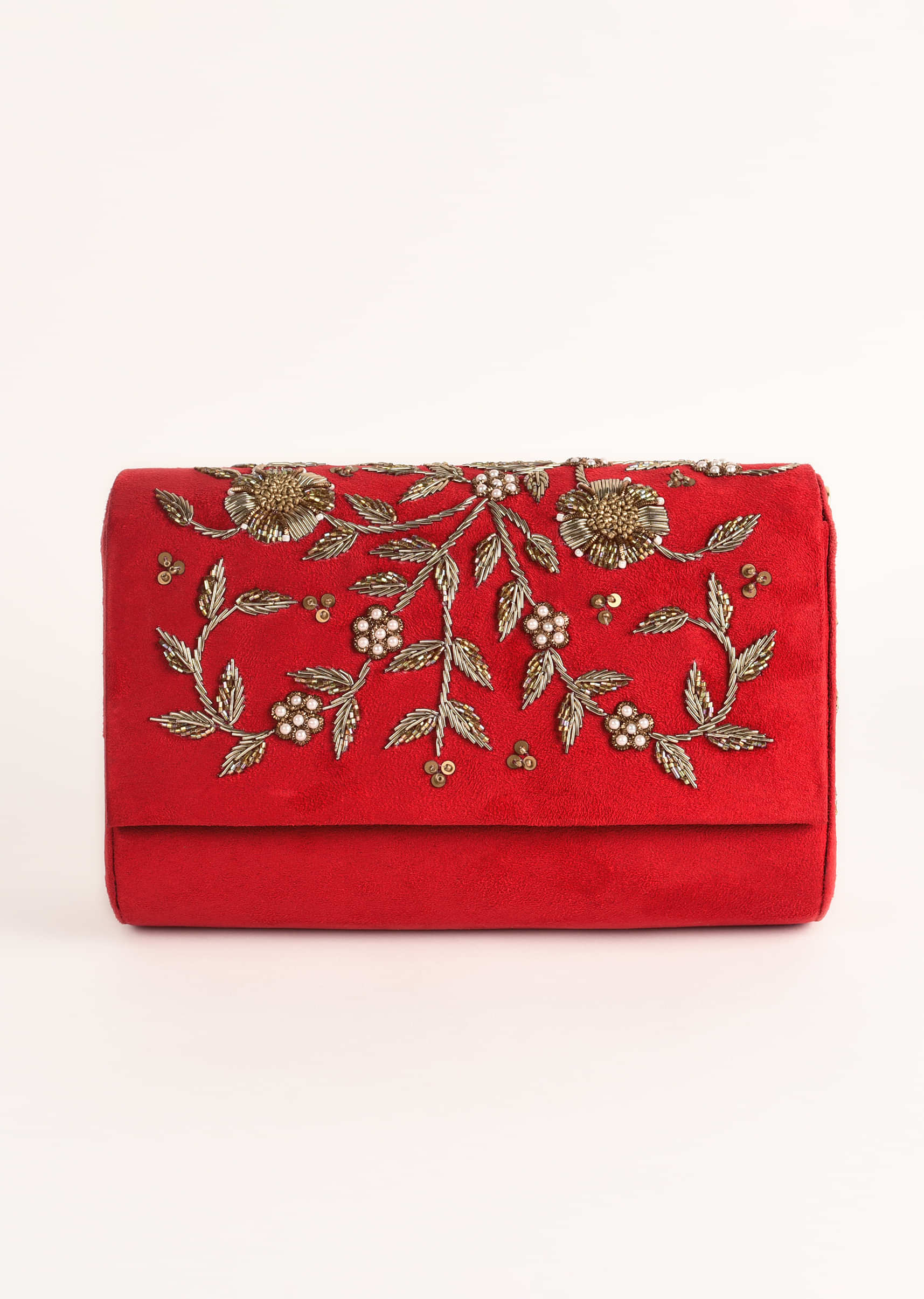 Red Clutch In Suede With Zardosi Embroidered Floral Motifs Online - Kalki Fashion
