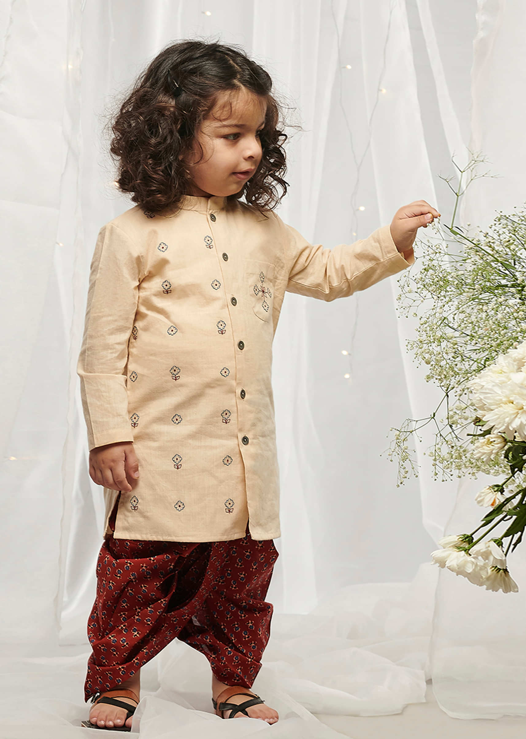 Kalki Boys Red Dhoti And Kurta Set In Cotton With Zari And Resham Embroidered Buttis By Tiber Taber
