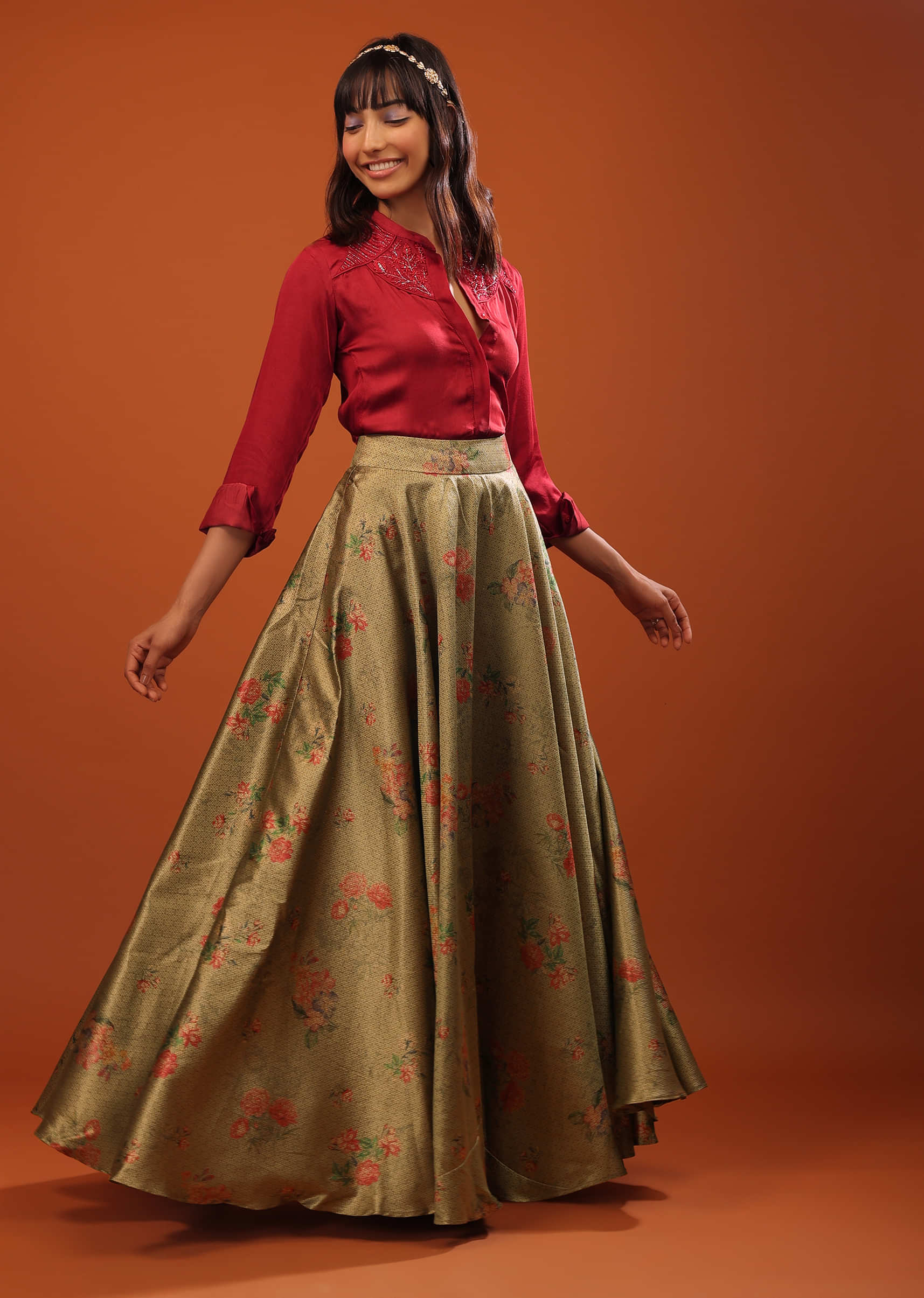 Red Dola Silk Shirt And Tea-Green Banarasi Brocade Skirt With Floral Motifs
