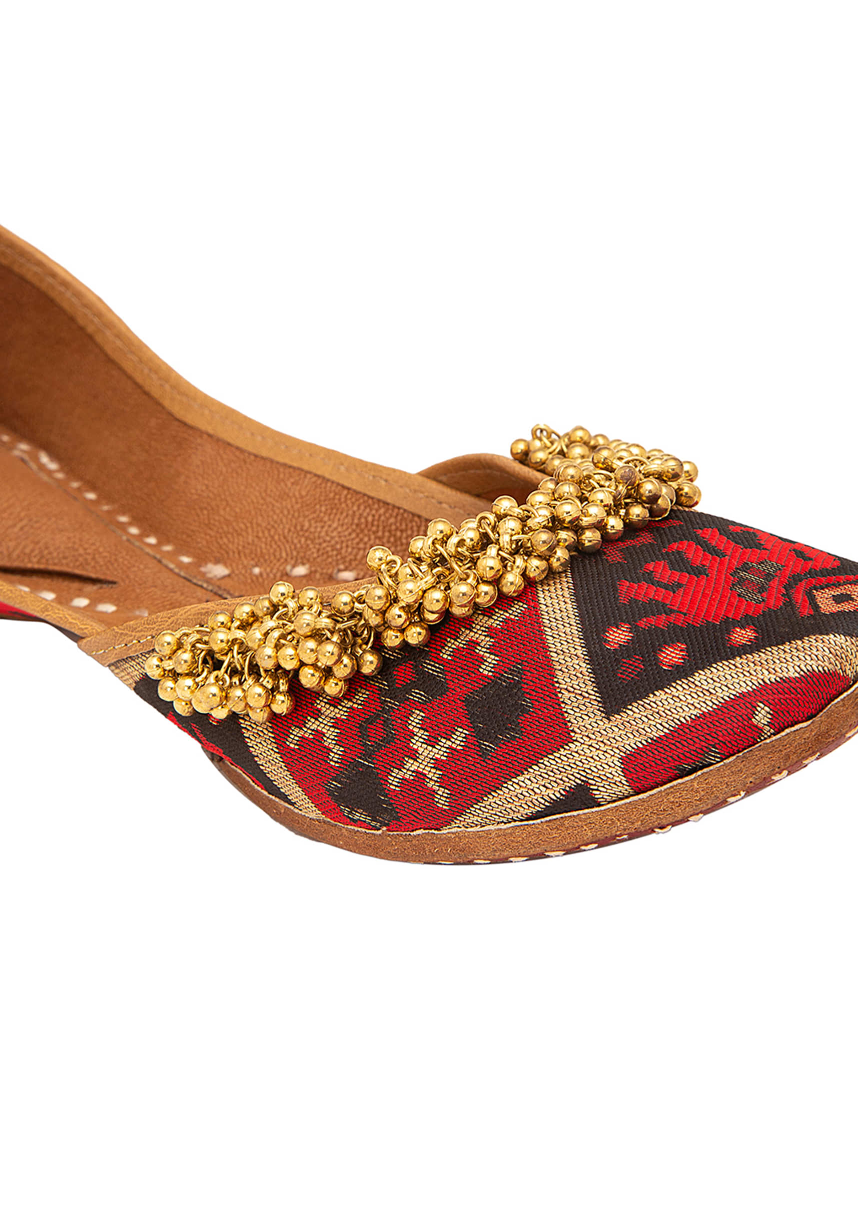 Red Elephant Print Juttis In Silk With Ghungroos And Stitch Line Detail