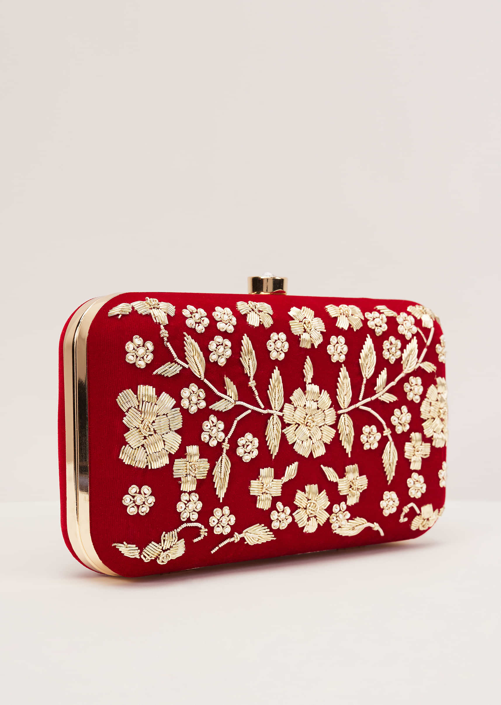 Apple Red Floral Clutch On Silk Fabric With Zardosi Work