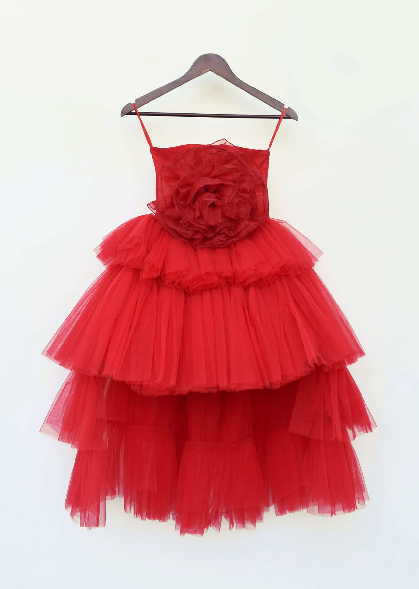 Kalki Girls Red high low gown in net with layers and elaborate 3D flower on the front by fayon kids