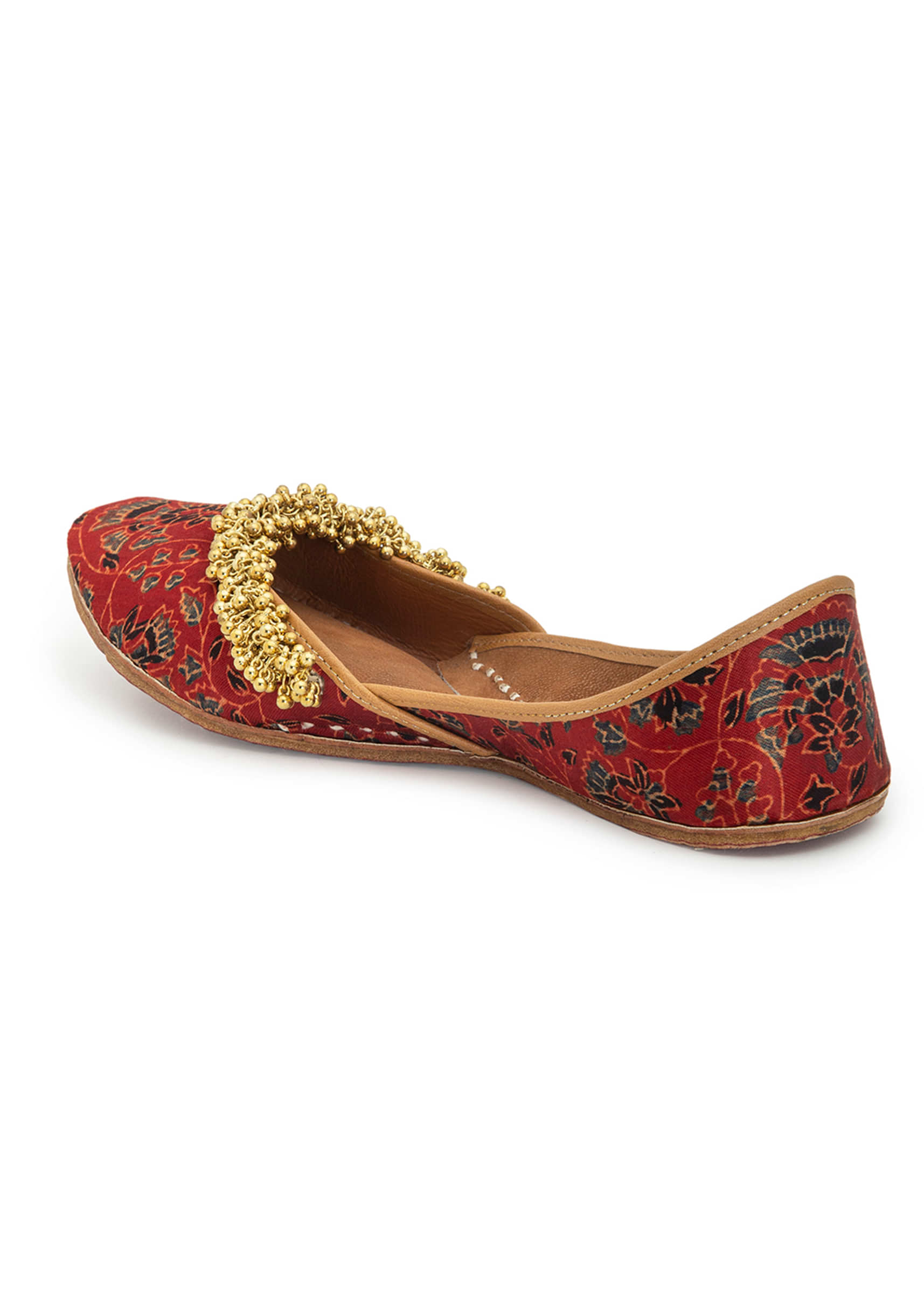 Red Juttis In Silk With Tiny Ghungroos And Floral Design By 5 Elements