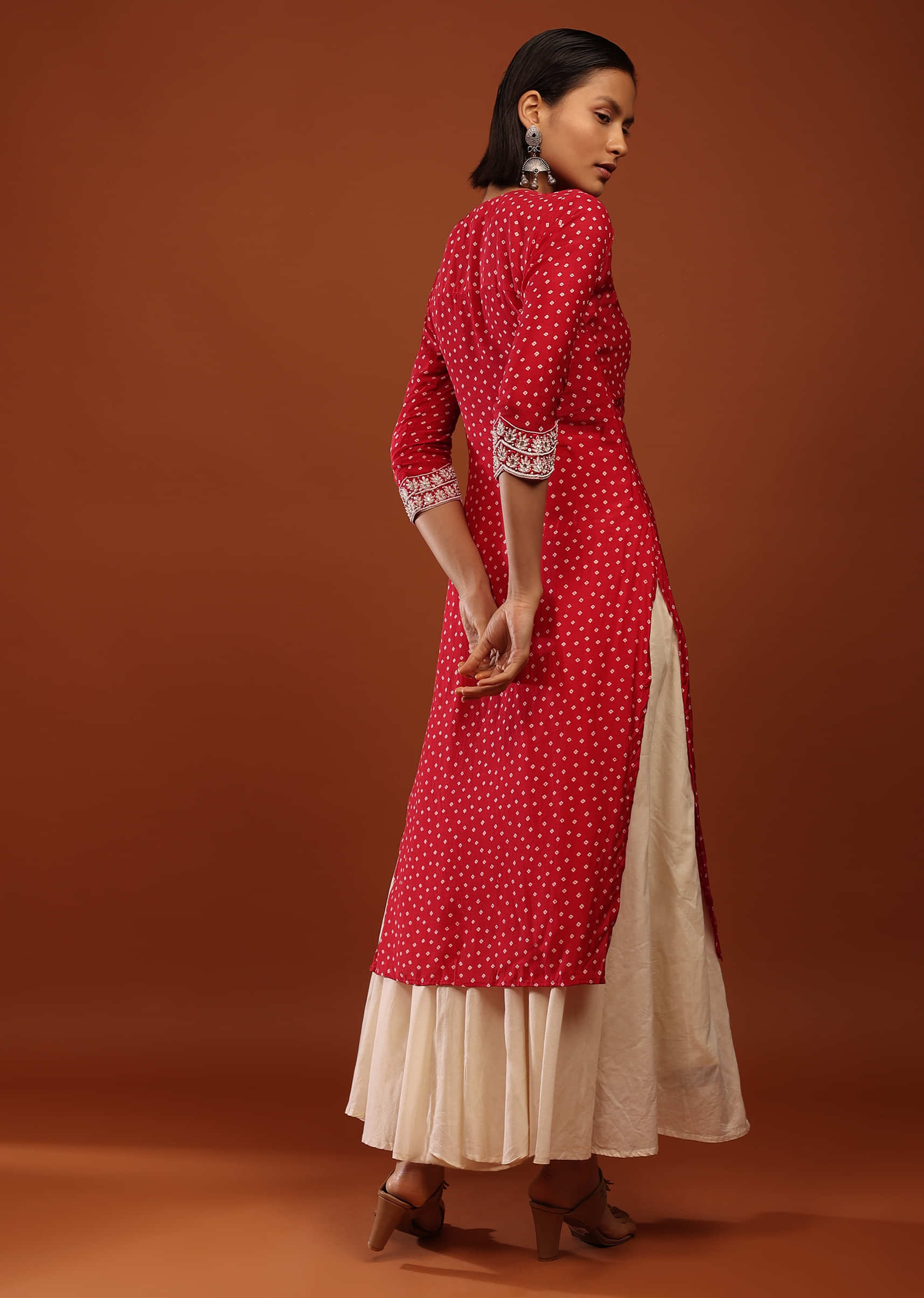 Fiery Red Kurta In Cotton With Bandhani Buttis And Moti Detailed Tassels