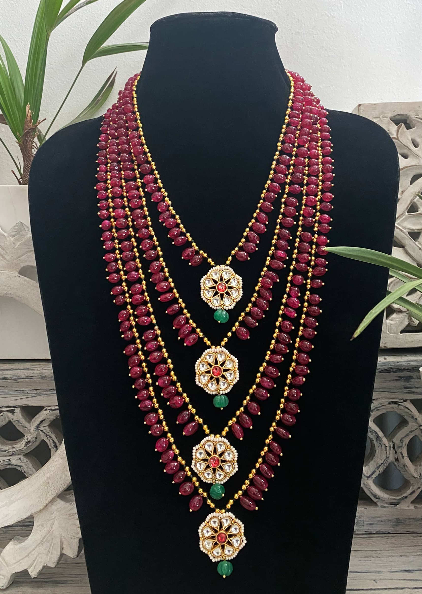 Red Layered Beads Necklace With Kundan Work And Shell Pearls