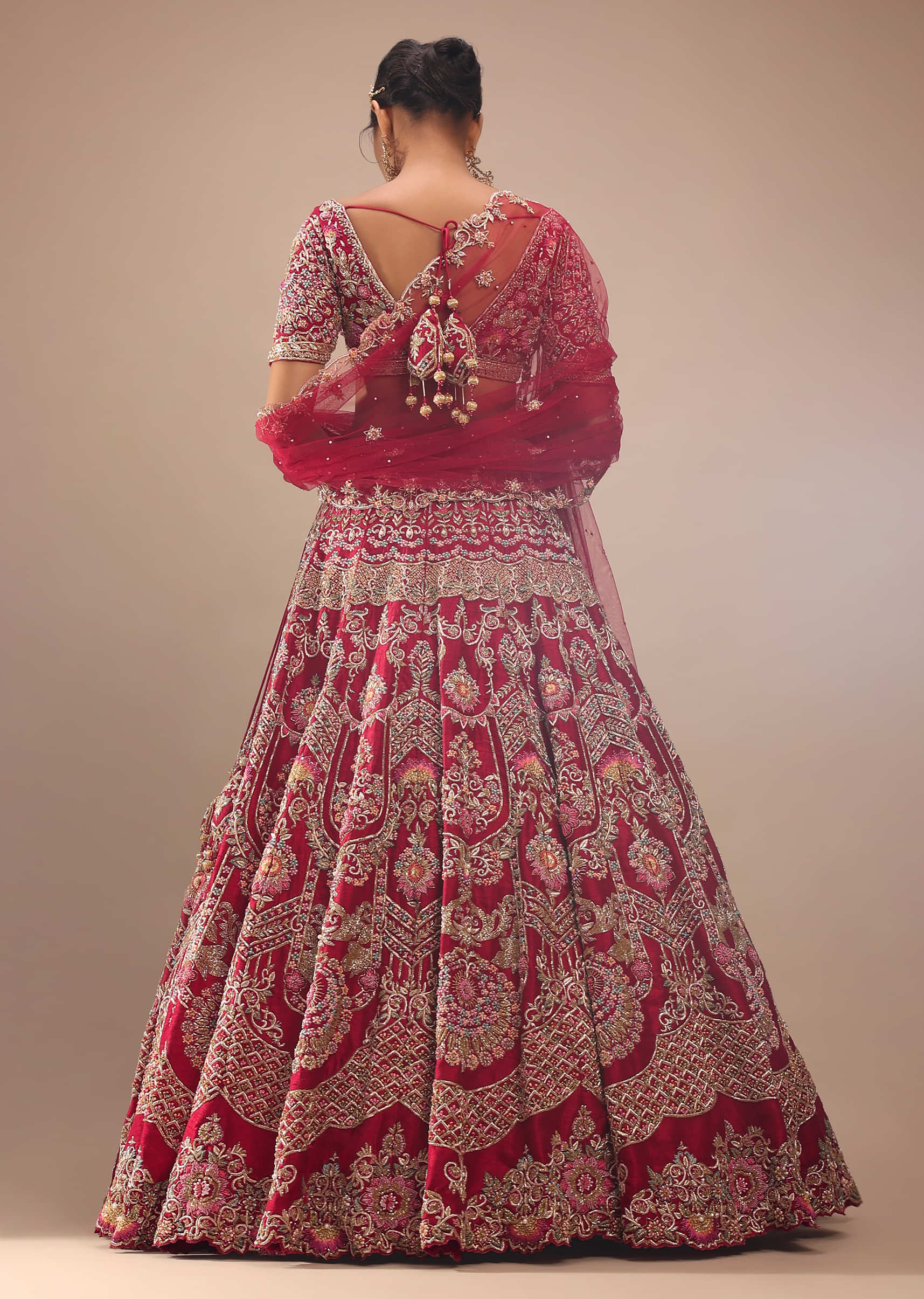 Red Lehenga In Royal Heritage Zardosi Embroidery, Crop Top With A V Neckline And Back Hooks Closure