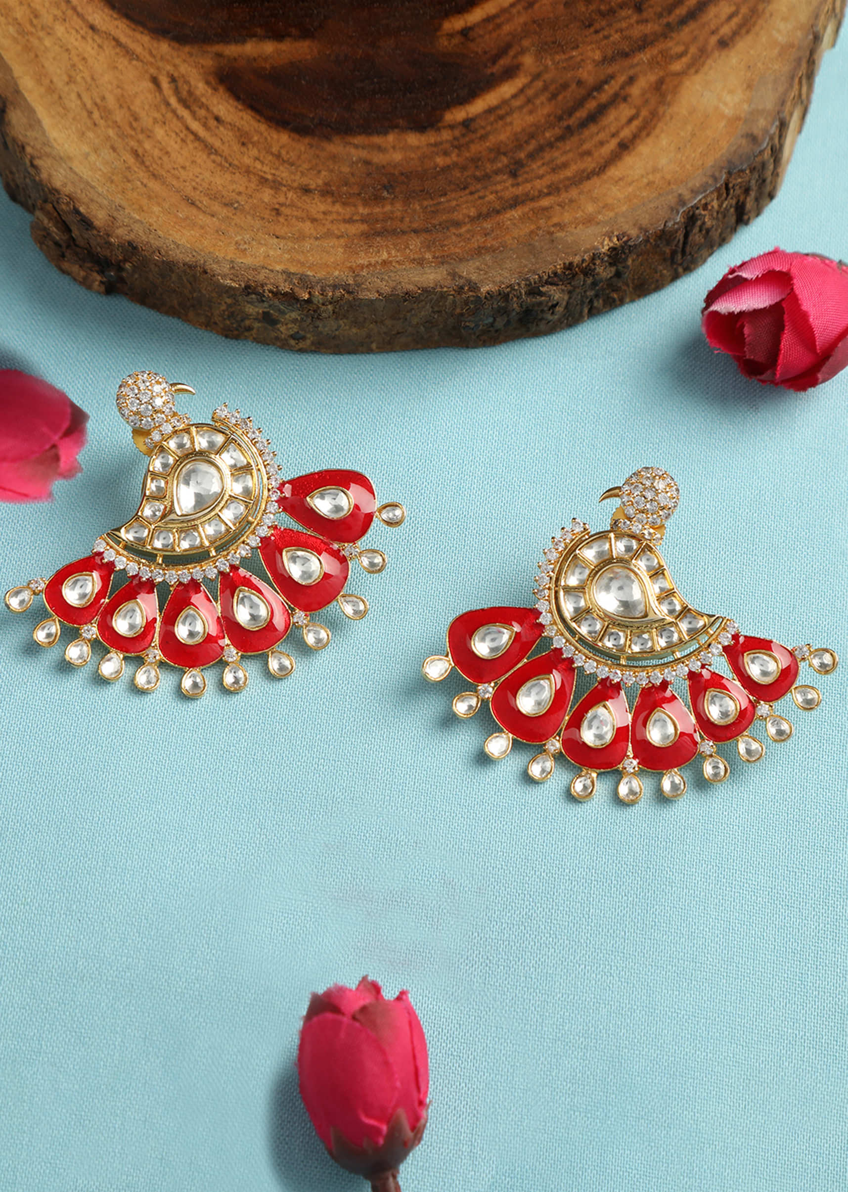 Red Meenakari With Kundan Studded Peacock Earrings