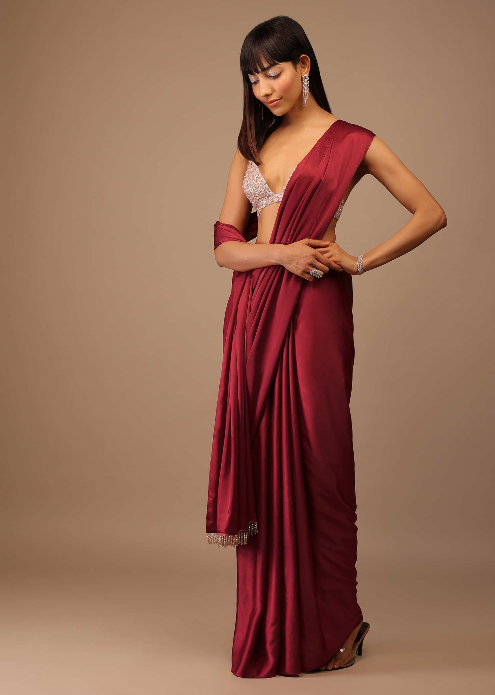 Red Milano Satin Saree Matched With Hand Embroidered Bustier With Deep Neckline