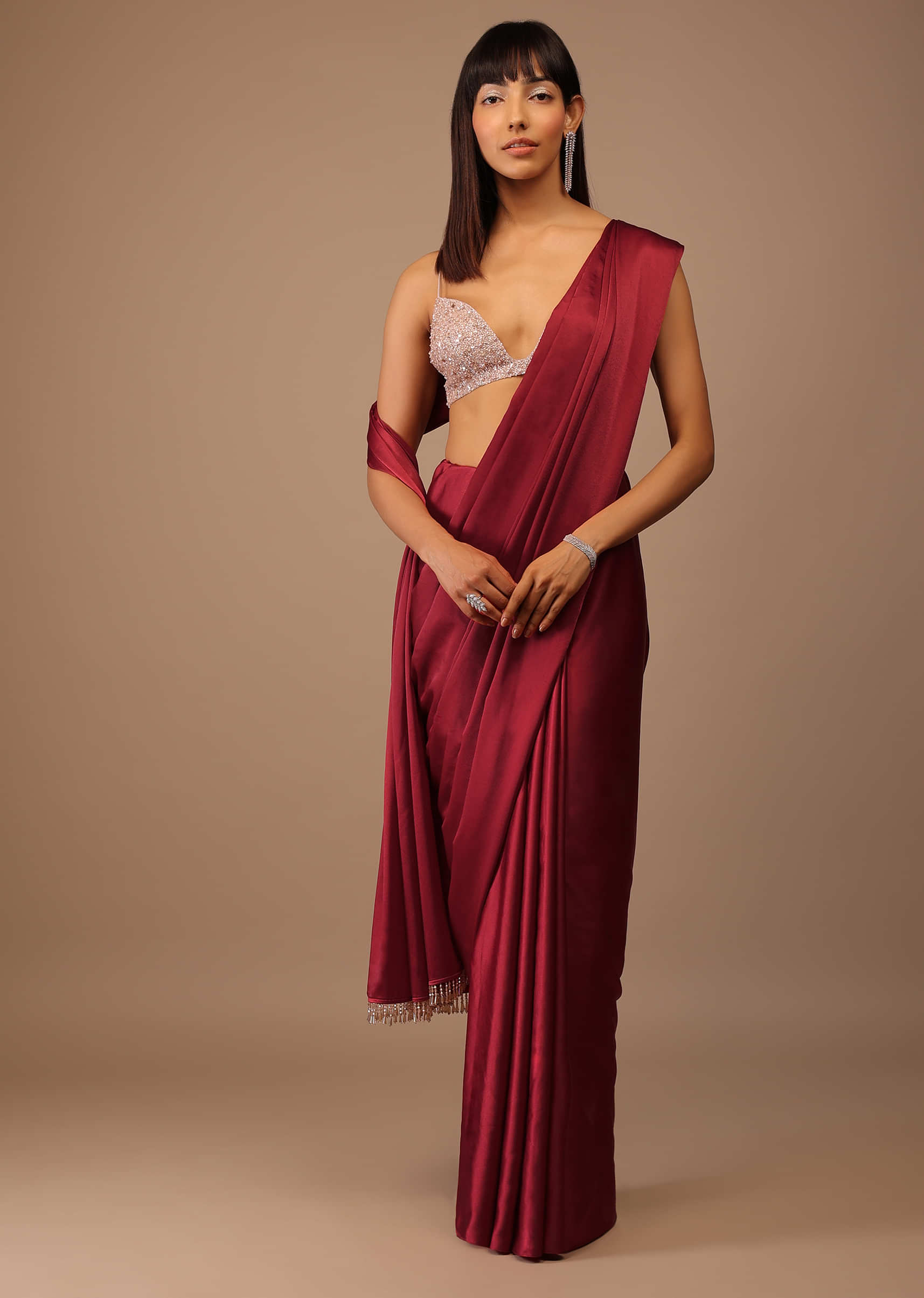 Valentine Red Milano Satin Saree Matched With Hand Embroidered Bustier With Deep Neckline