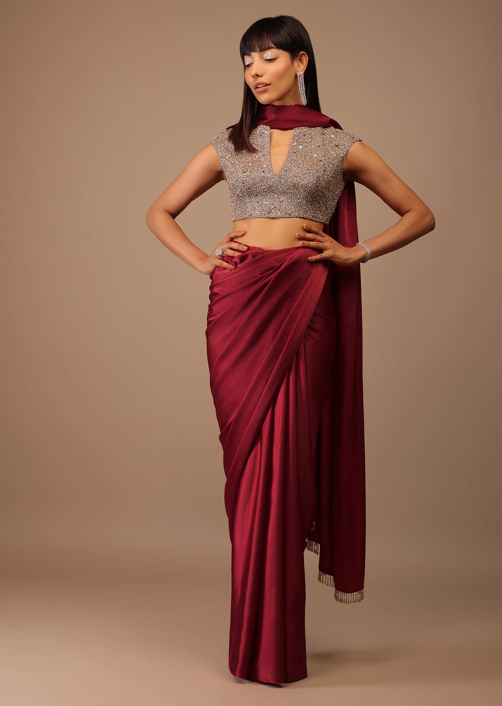 Valentine Red Milano Satin Saree With V Neck Hand Embroidered Crop Top
