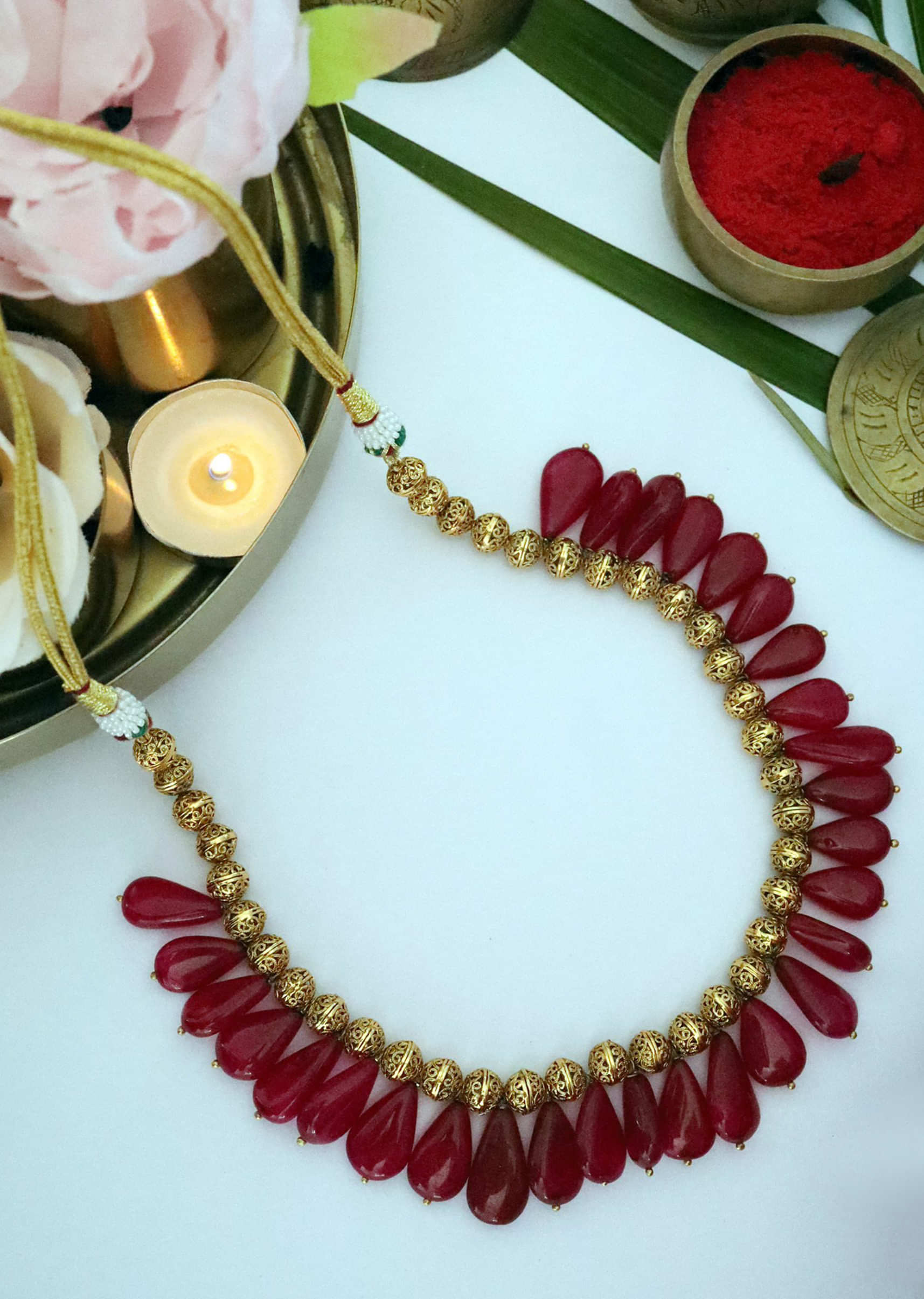 Red Necklace With Embossed Gold Beads And Dangling Red Stones By Paisley Pop