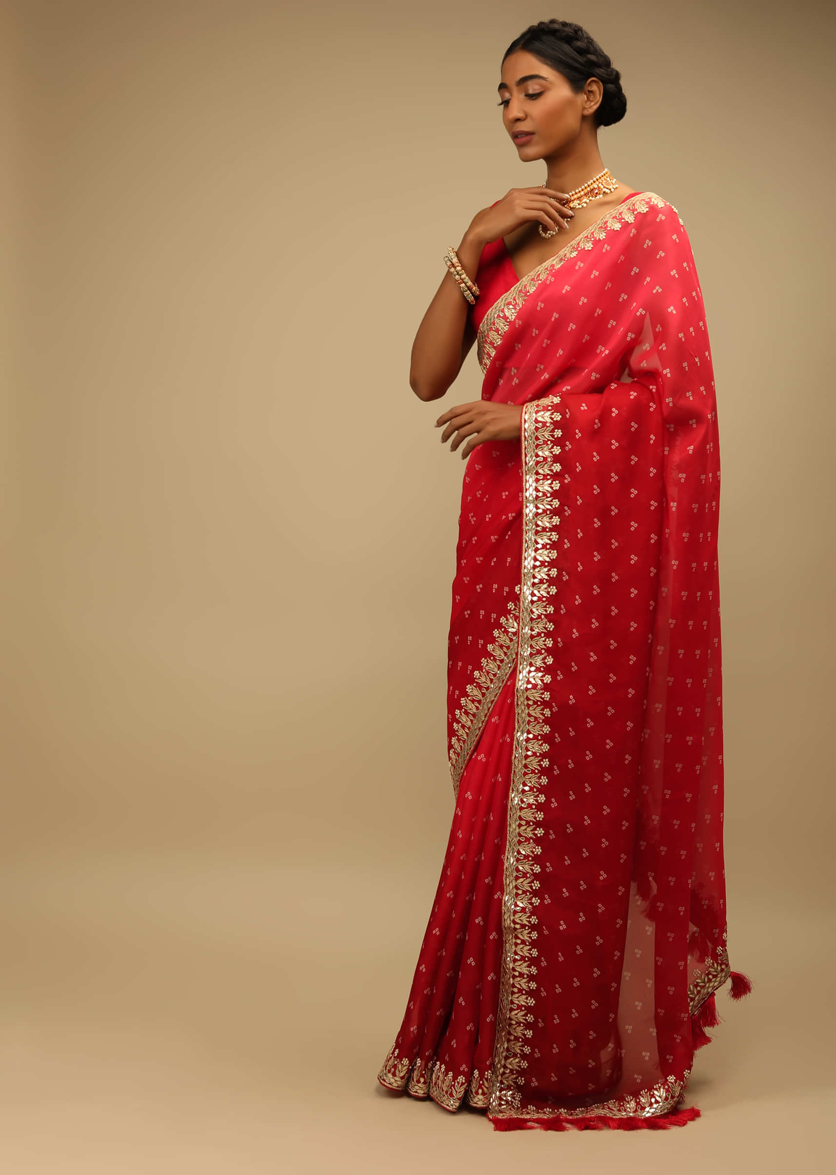 Red Ombre Saree In Organza With Bandhani Printed Geometric Buttis And Gotta Border 