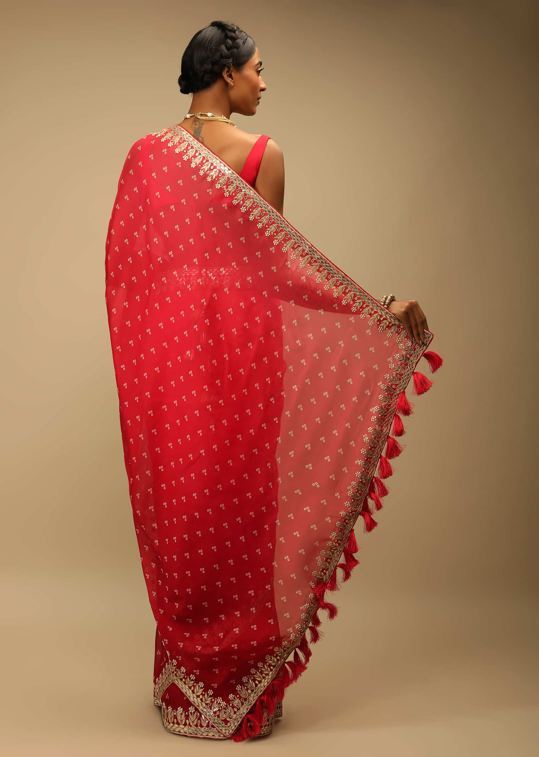 Red Ombre Saree In Organza With Bandhani Printed Geometric Buttis And Gotta Border 