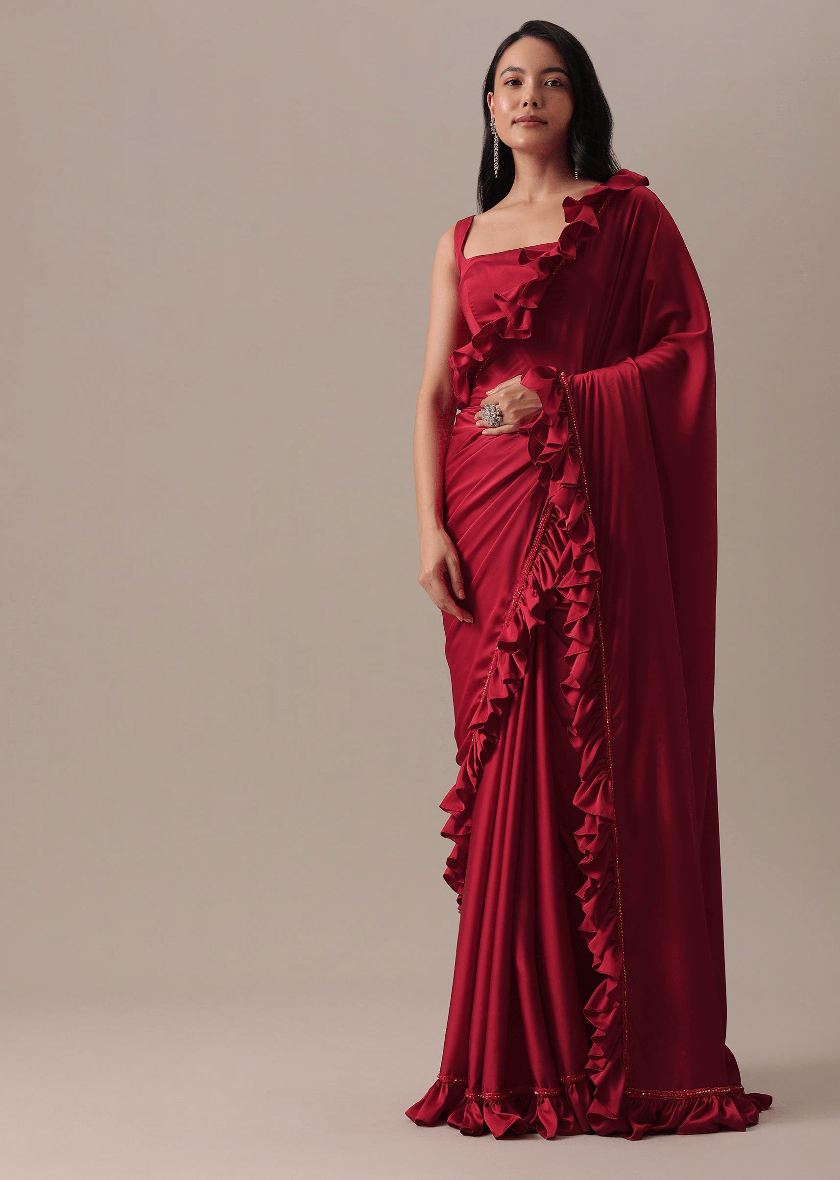 Buy Red Plain Satin Saree And Sleeveless Blouse With Cut Dana Lace