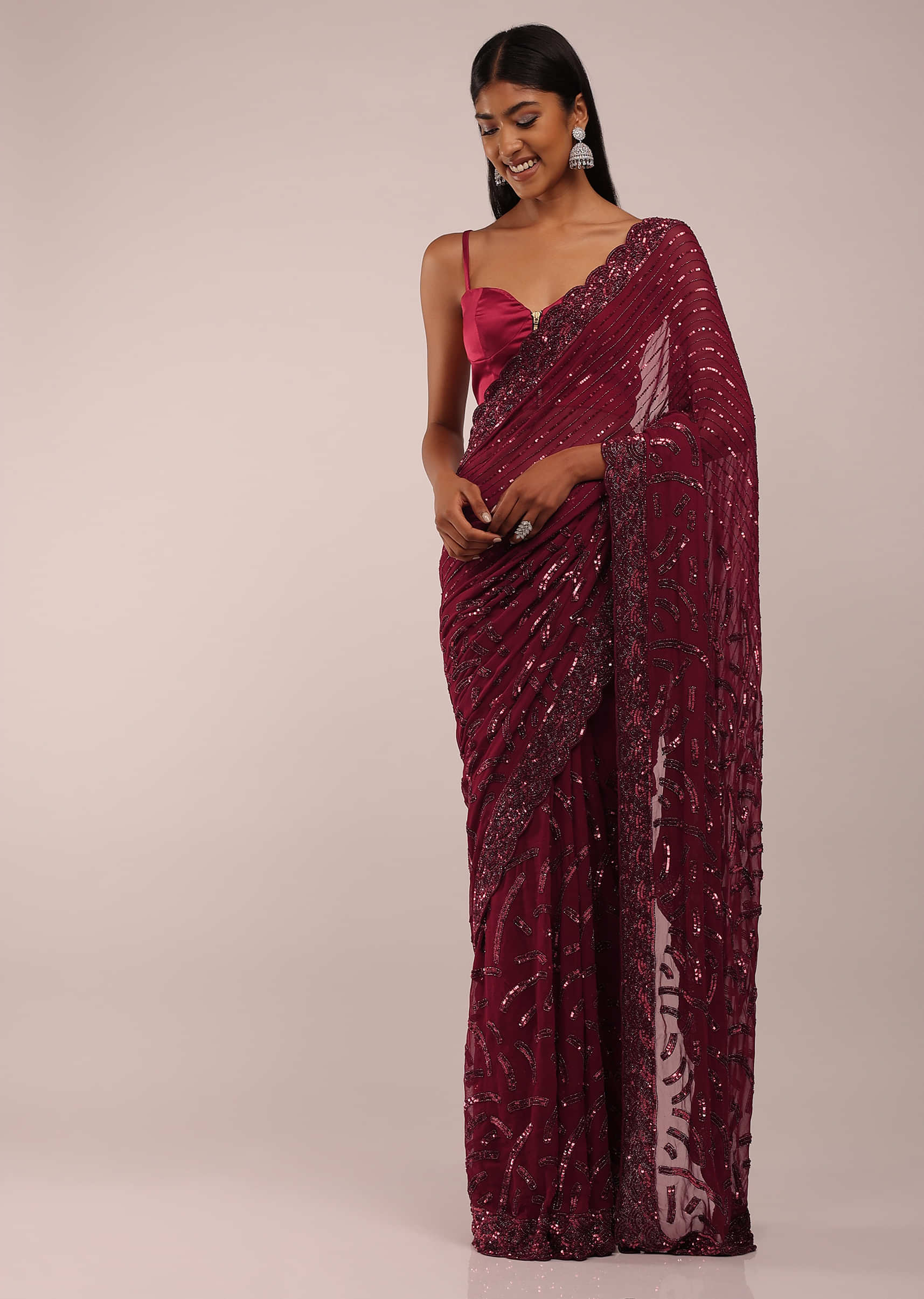 Red Plum Saree In Cut Dana And Sequins Embroidery With Scalloped Embroidered Buttis On The Pallu Border