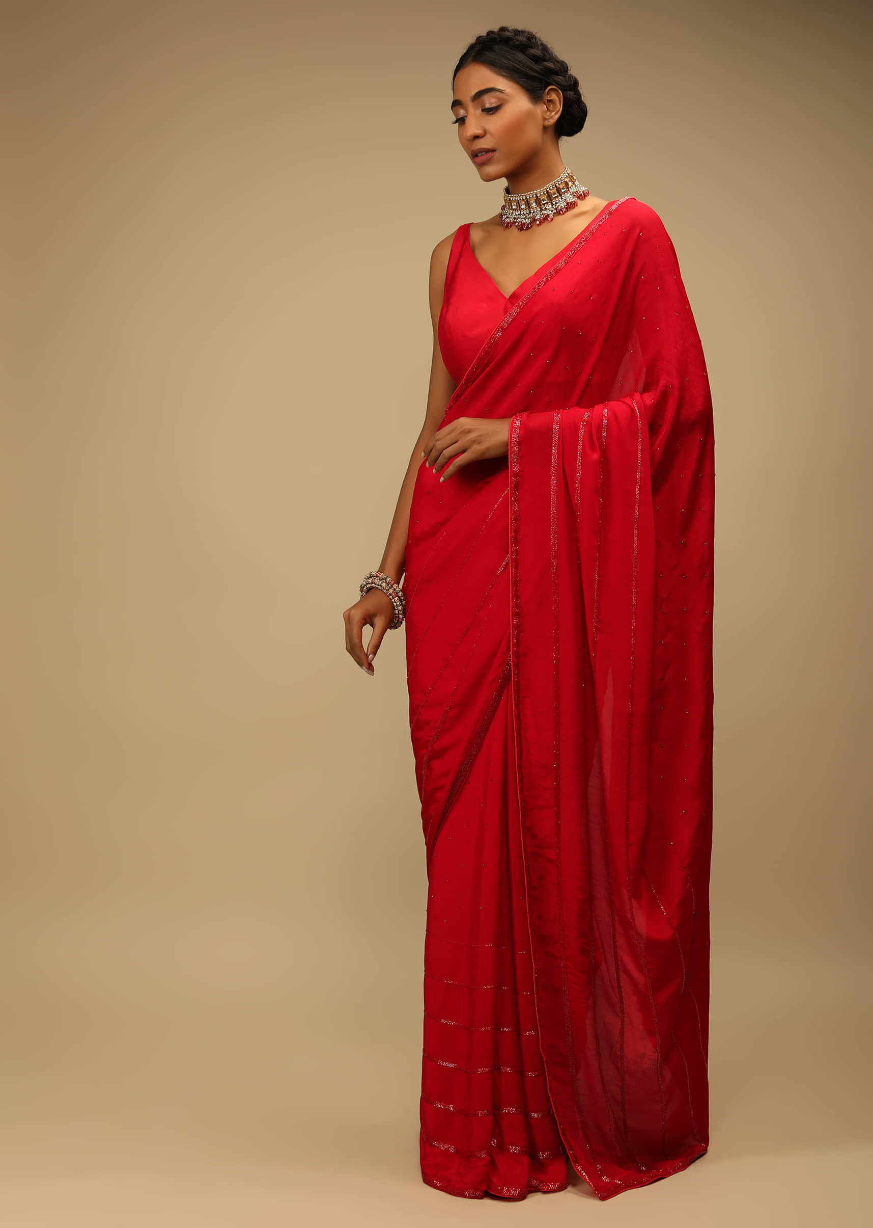 Red Saree In Chiffon With Cut Dana Embroidered Stripes And Kundan Work 