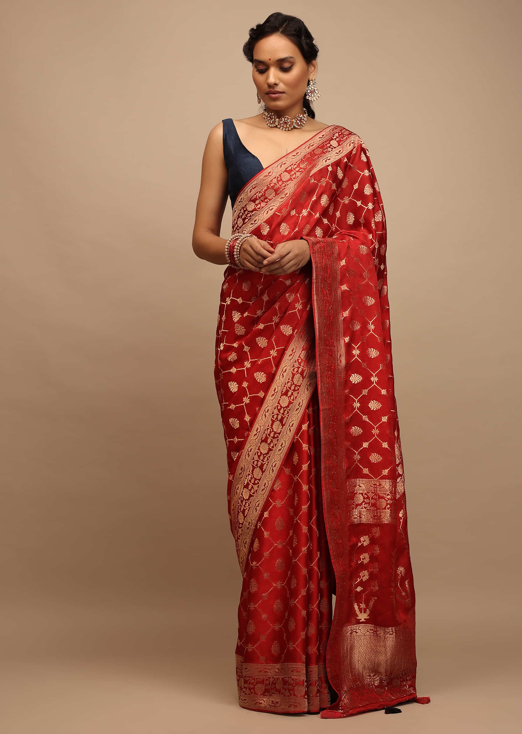 Fiery Red Saree In Satin Silk With Woven Geometric Jaal And Butti Design