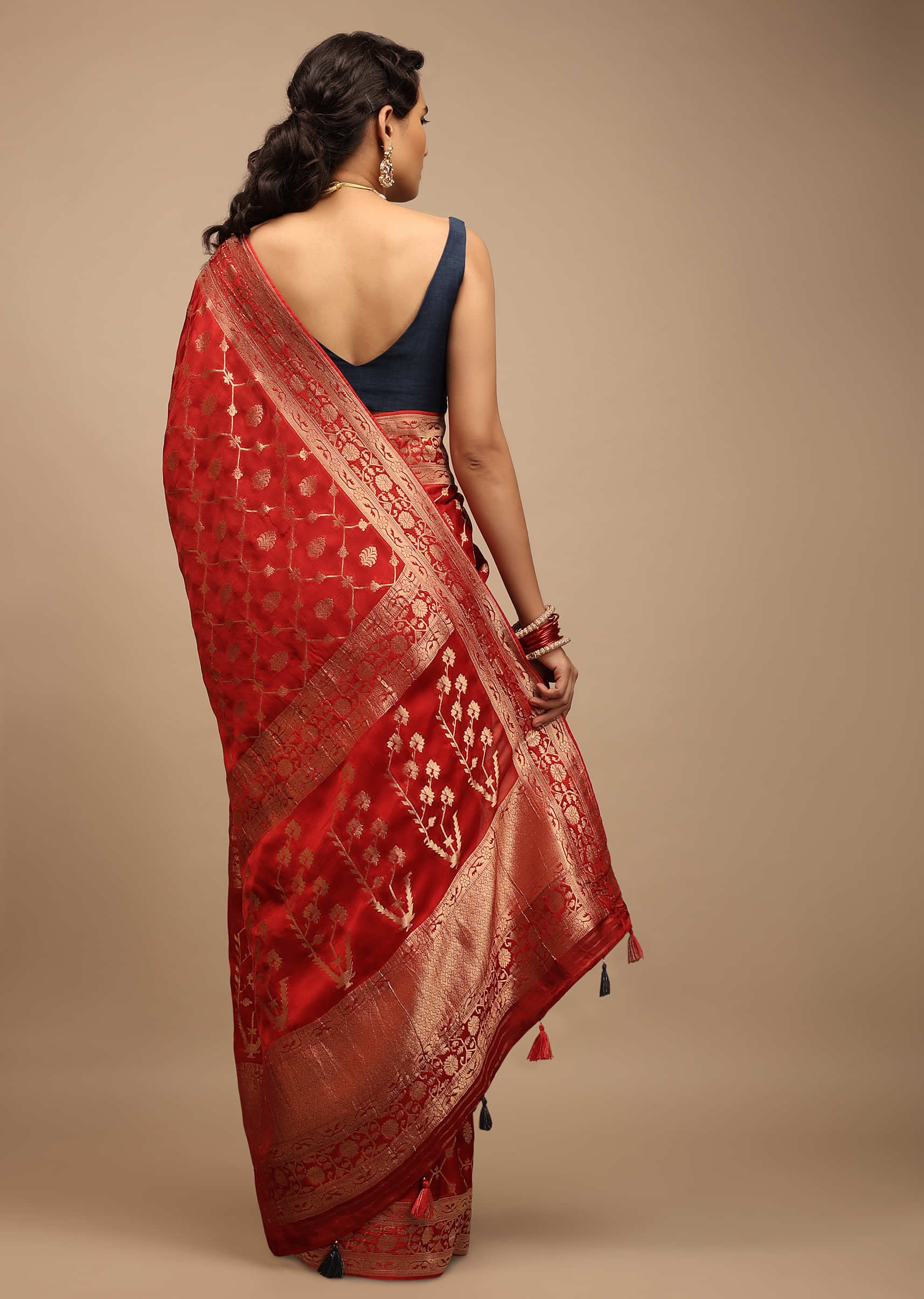 Fiery Red Saree In Satin Silk With Woven Geometric Jaal And Butti Design