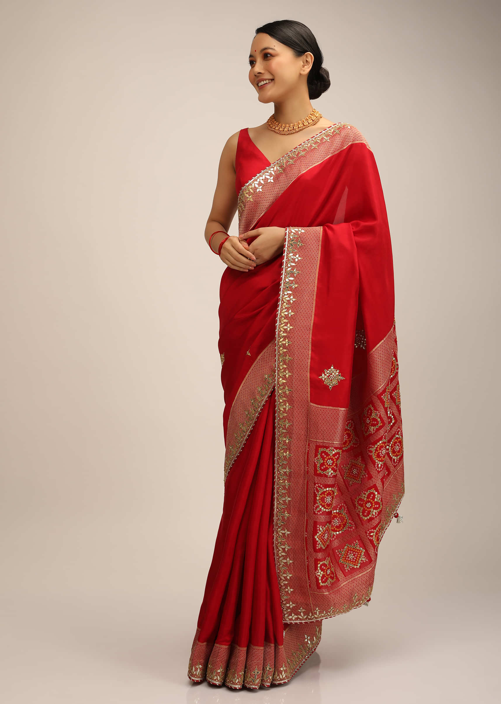 Red Saree In Silk With Brocade Geometric Design On The Pallu And Gotta Embroidery