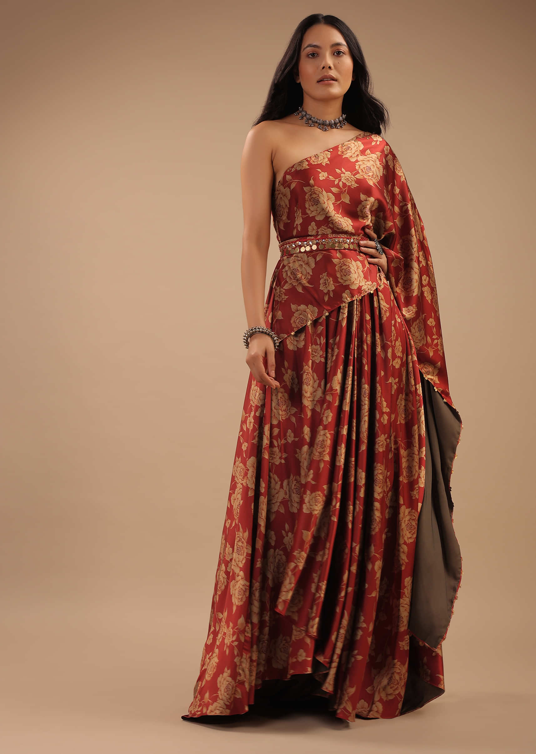 Red Satin One-Shoulder Dress With Floral Print And A Belt To Cinch The Drape