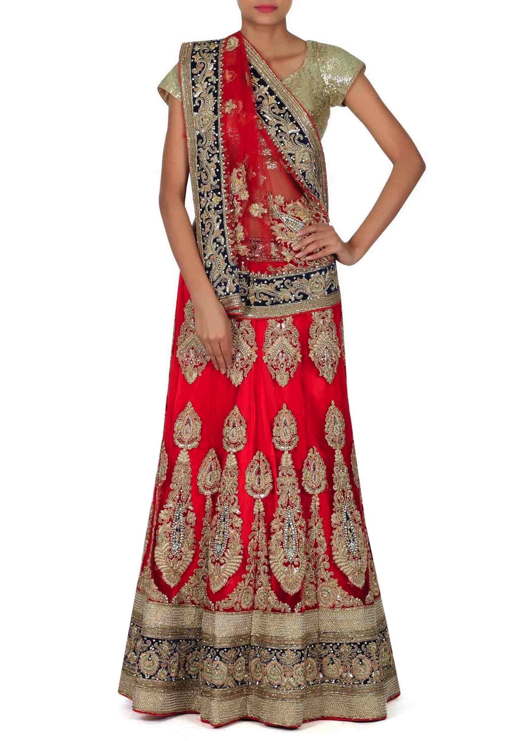 Red Lehenga Choli In Semi Stitched Form With Zardozi And Sequins Work Online - Kalki Fashion