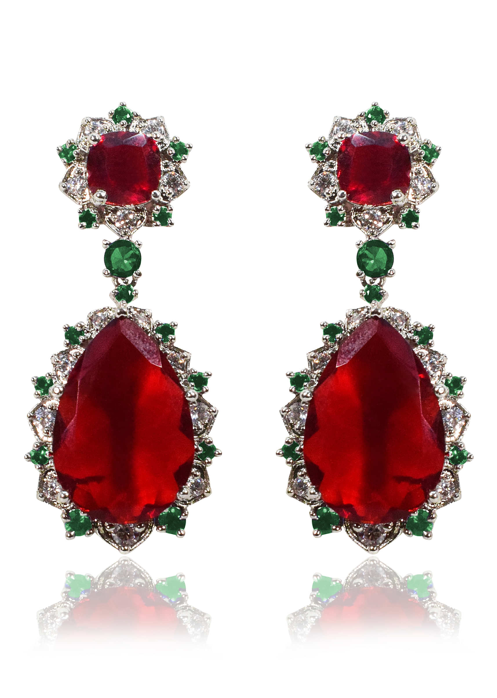 Red Stone Cocktail Earrings Ehanced With Green Diamonds