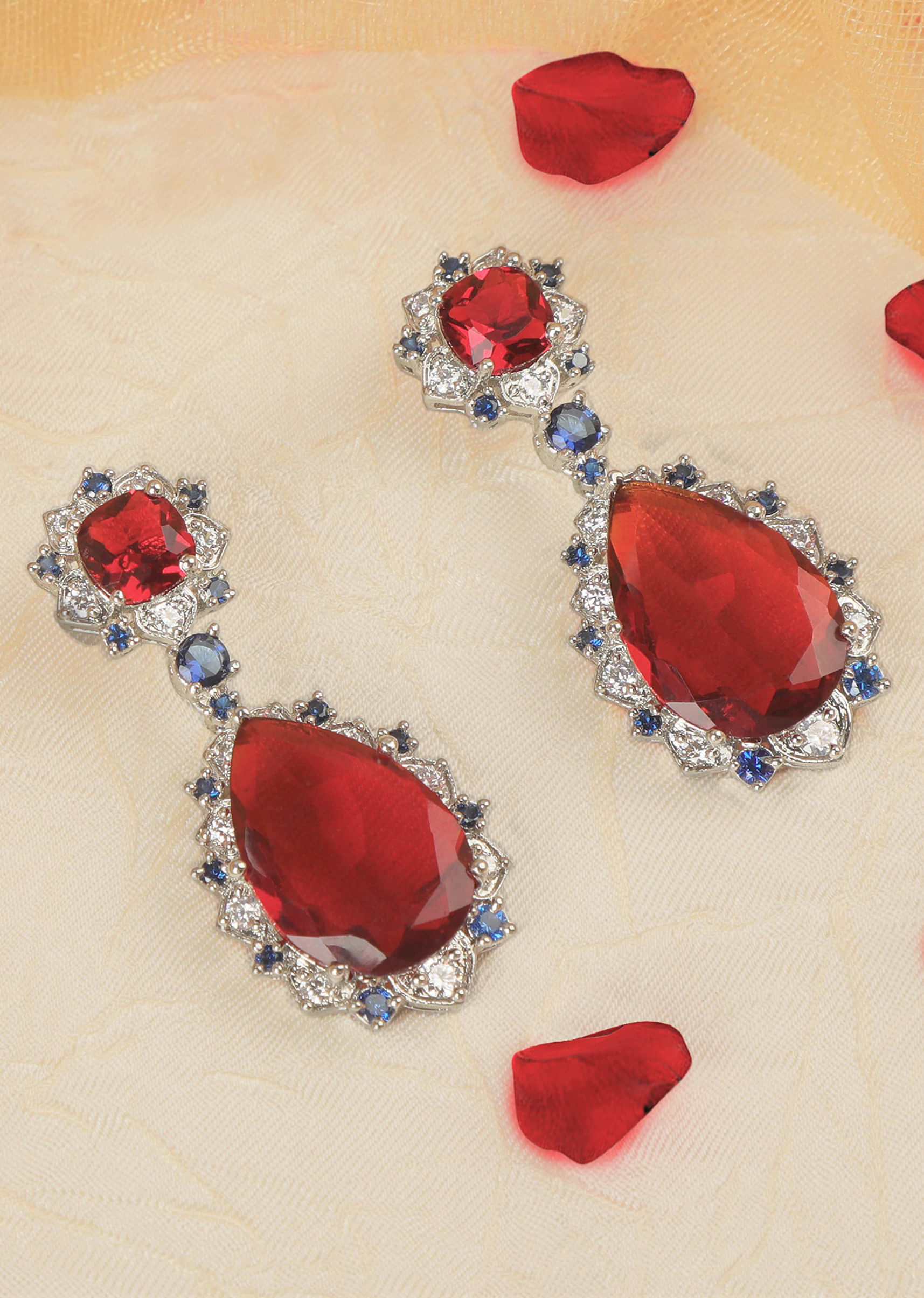 Red Stone Drop  Cocktail Earrings With Blue Colorstone