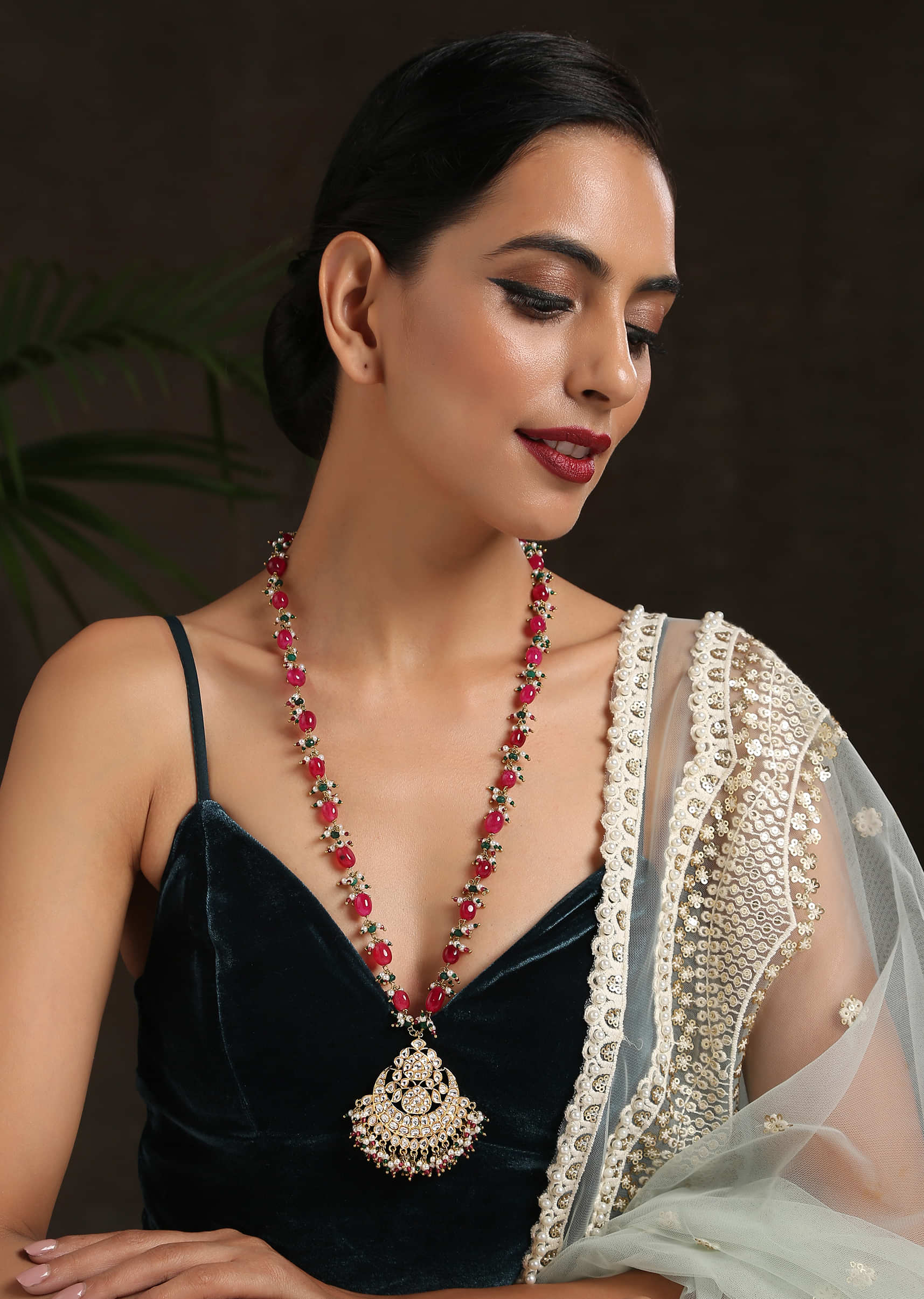Red Stone Long Necklace With A Kundan Pendant And Pearls By Paisley Pop
