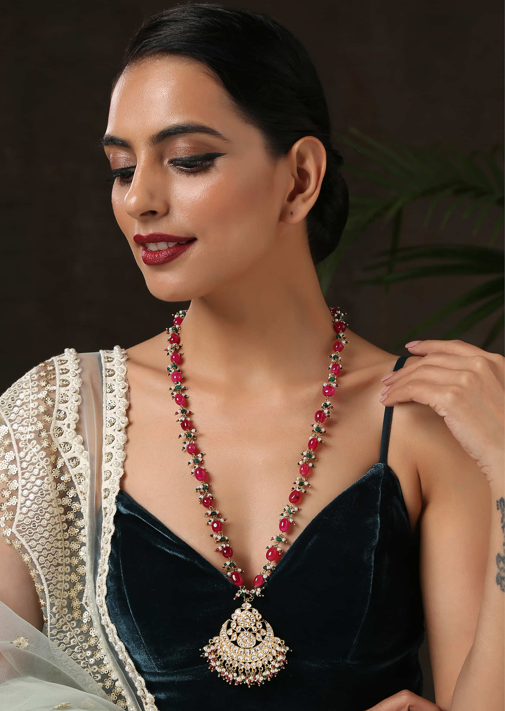 Red Stone Long Necklace With A Kundan Pendant And Pearls By Paisley Pop