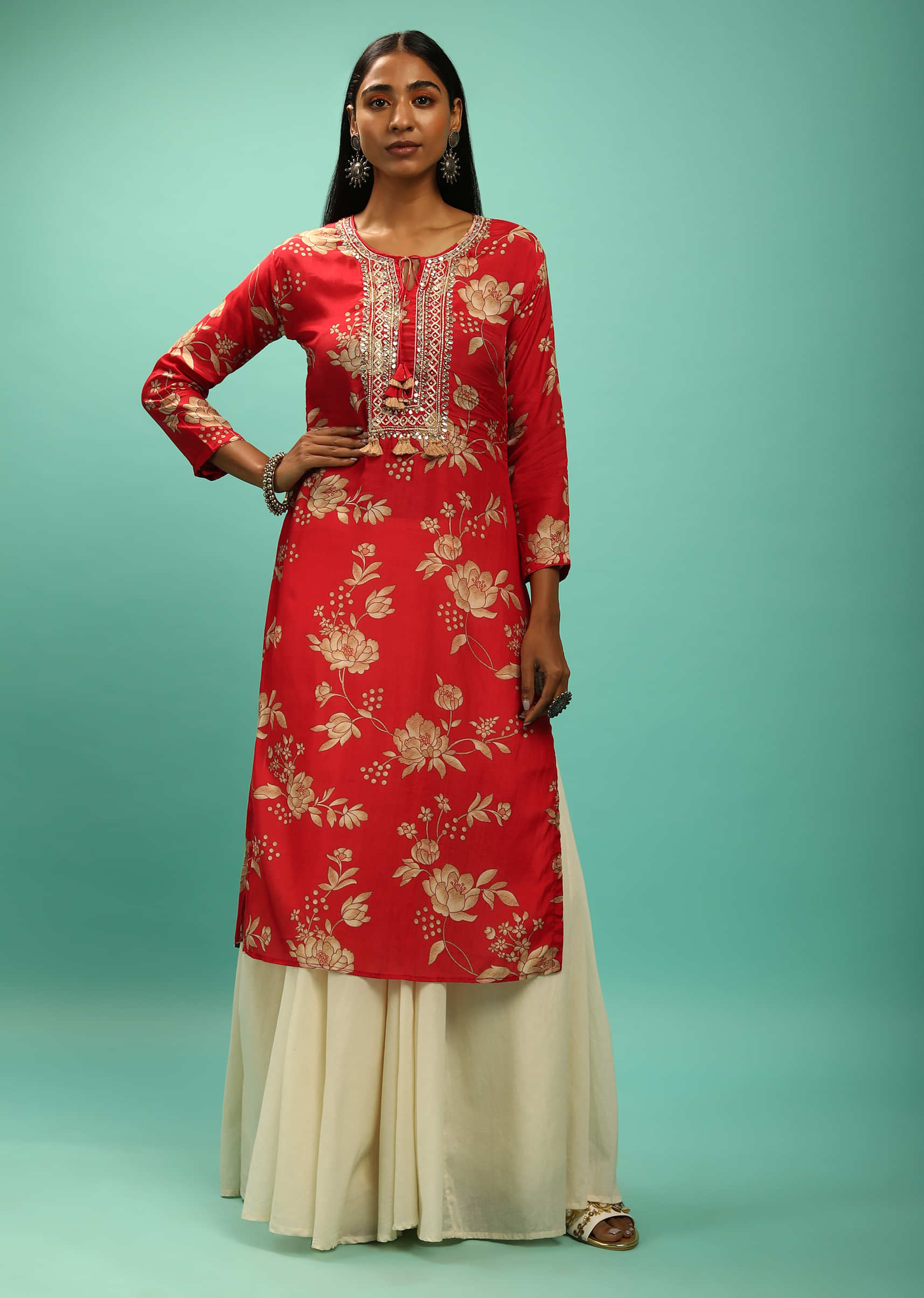 Red Straight Cut Kurti With Floral Print And Gotta Work 