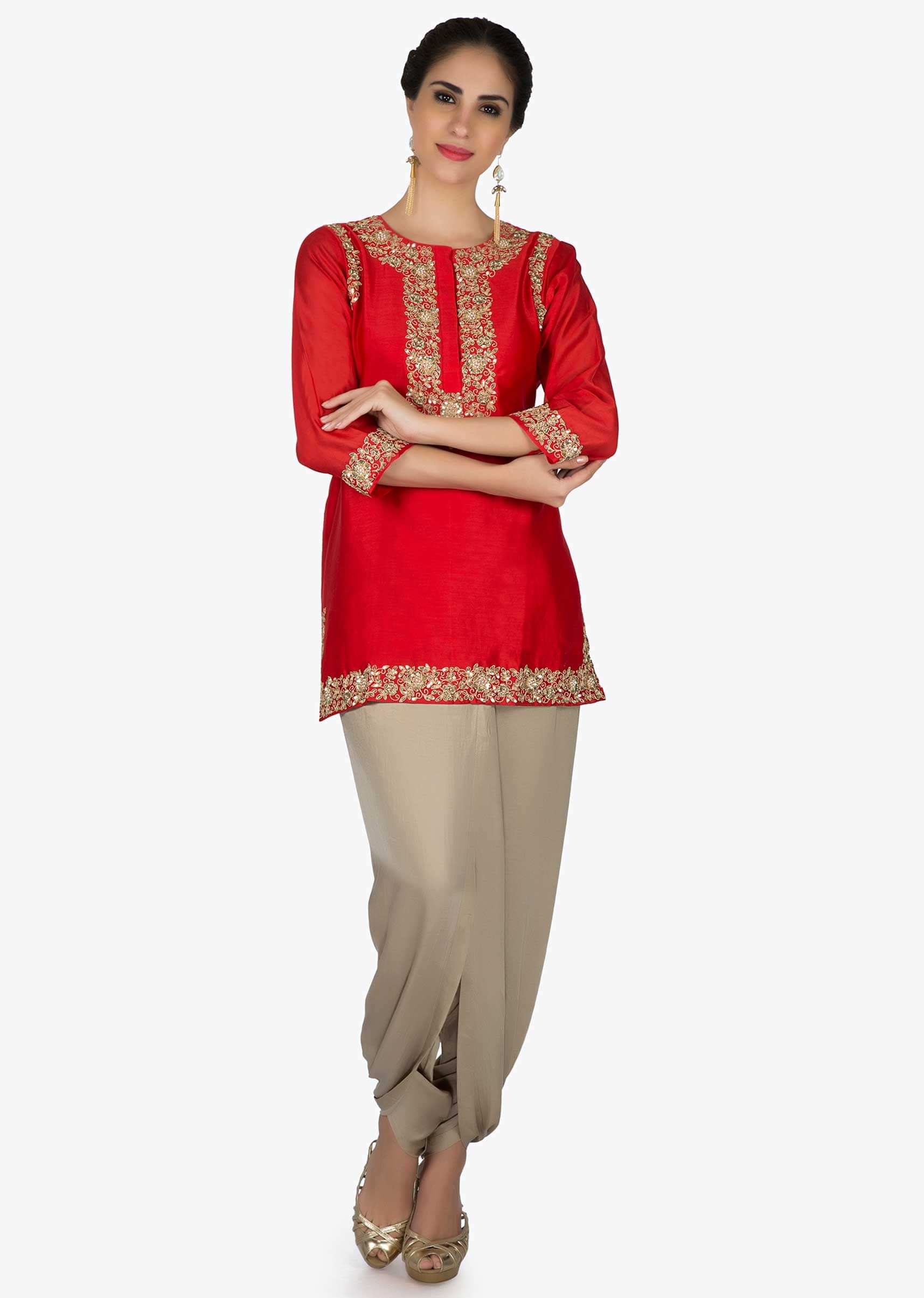 Red suit in embroidered placket matched with dhoti pants only on Kalki