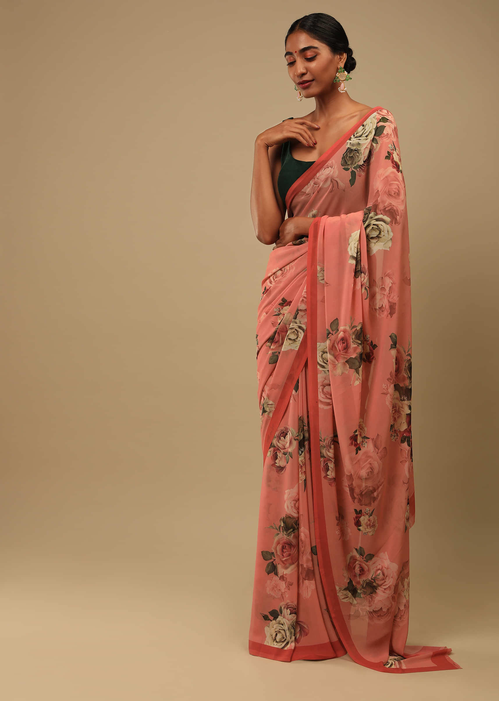 Reddish Peach Saree In Crepe Georgette With Printed Rose Motifs And Unstitched Blouse  