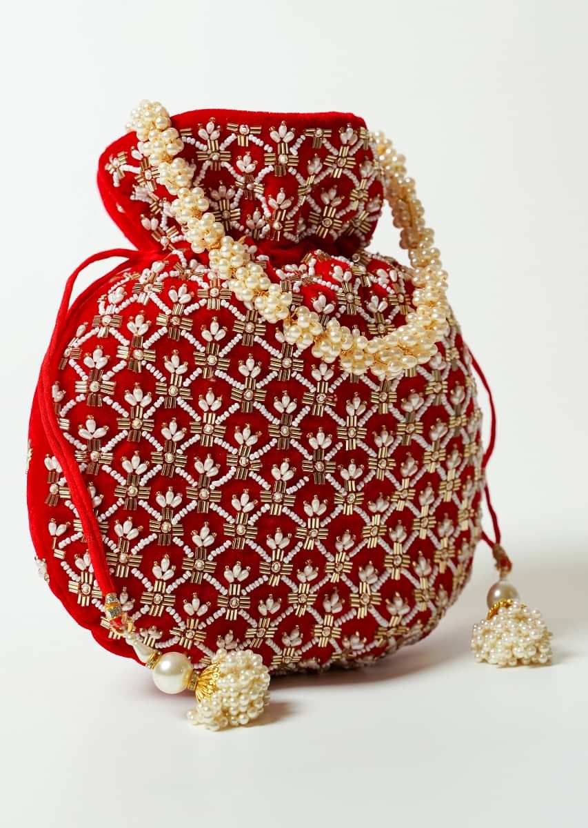 Buy Red Potli Bag In Velvet With Cut Dana And Beads Embroidered Jaal