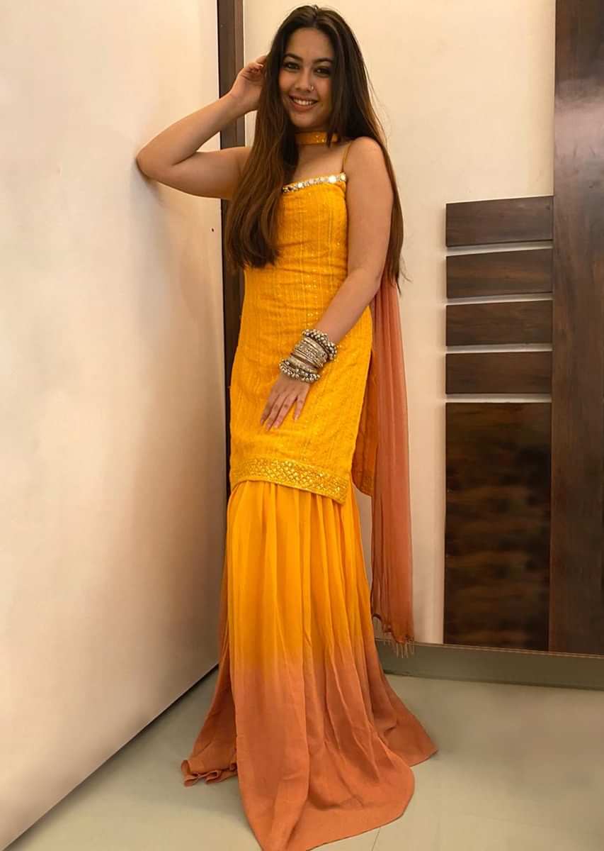 Reem Sameer In Kalki Amber Yellow And Brown Shaded Sharara Suit In Georgette With Thread Embroidery