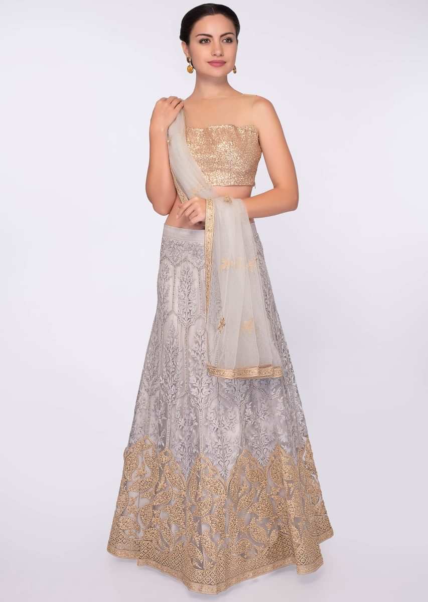 Resham and zari embroidered unstitched grey lehenga and blouse with net dupatta 
