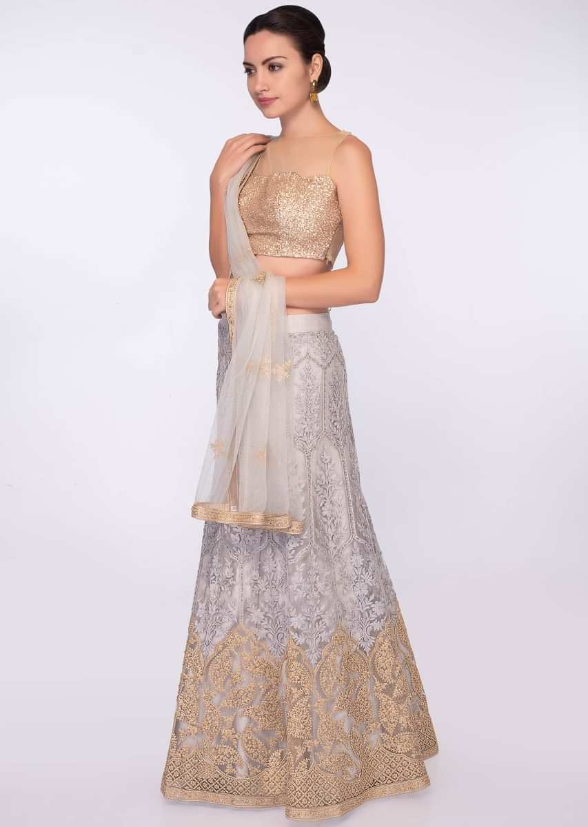 Resham and zari embroidered unstitched grey lehenga and blouse with net dupatta 